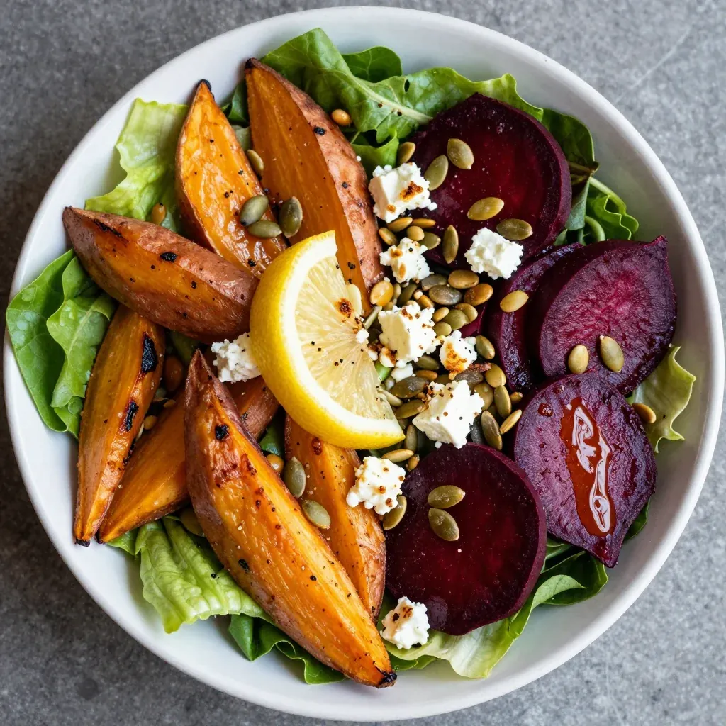 nutritious lemon garlic roasted sweet potato and beet salad for january