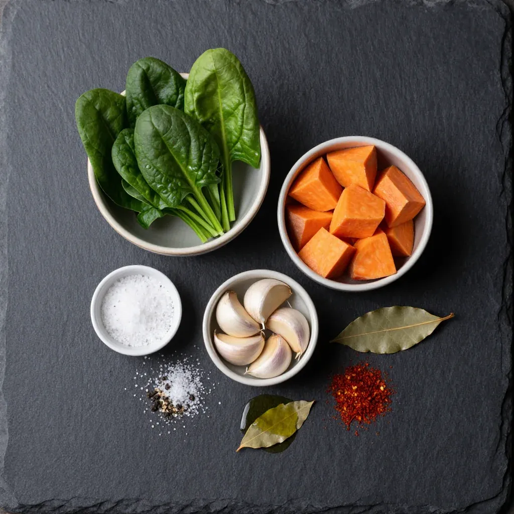 Ingredients for healthy slow cooker spinach and sweet potato soup with garlic