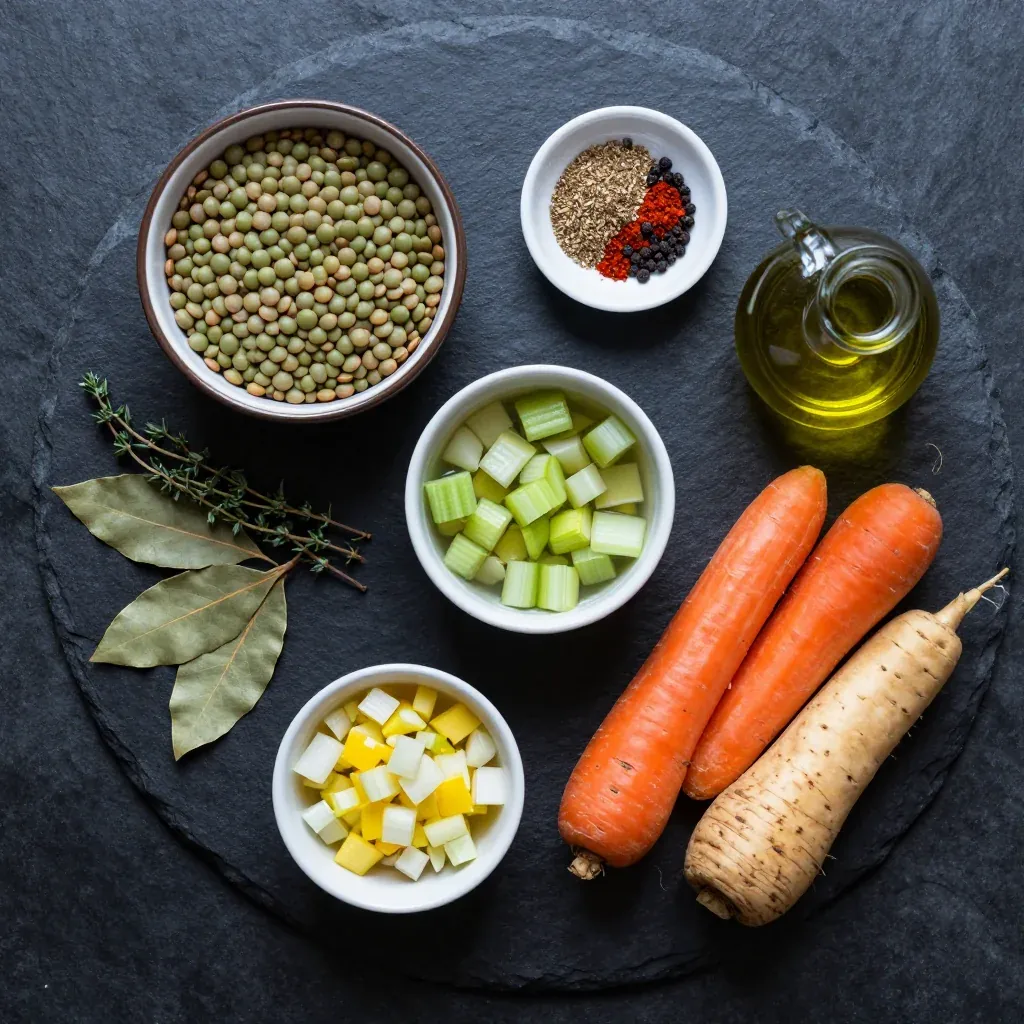 Ingredients for cozy slow cooker lentil and root vegetable soup for january meal prep