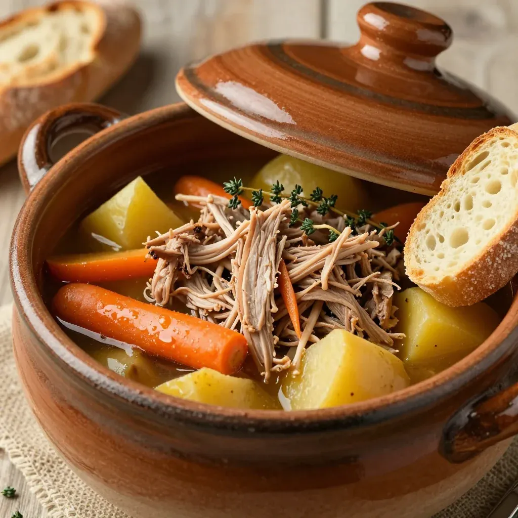 batch cooked slow cooker turkey stew with root veggies and garlic