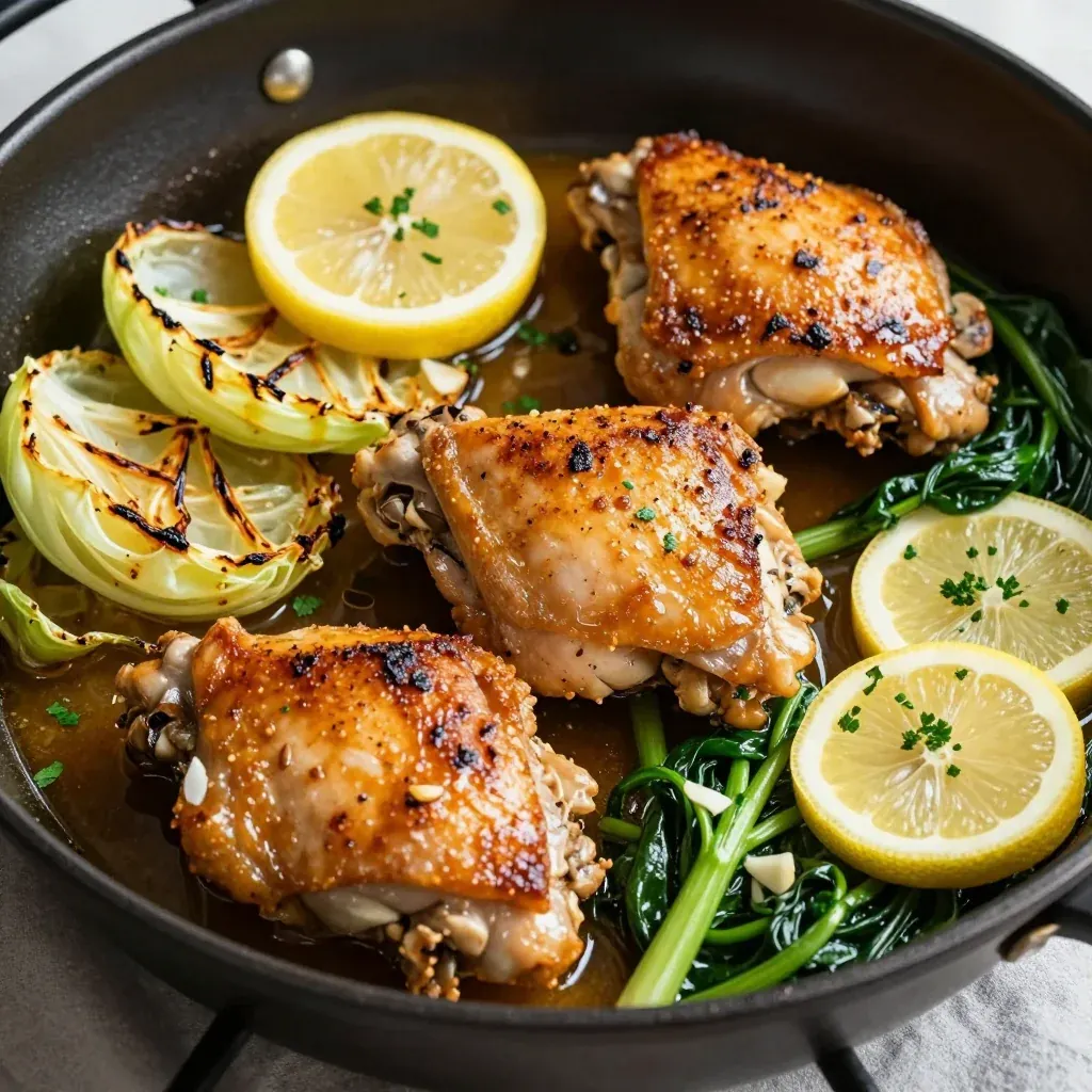 one pot garlic lemon chicken with roasted cabbage and winter greens