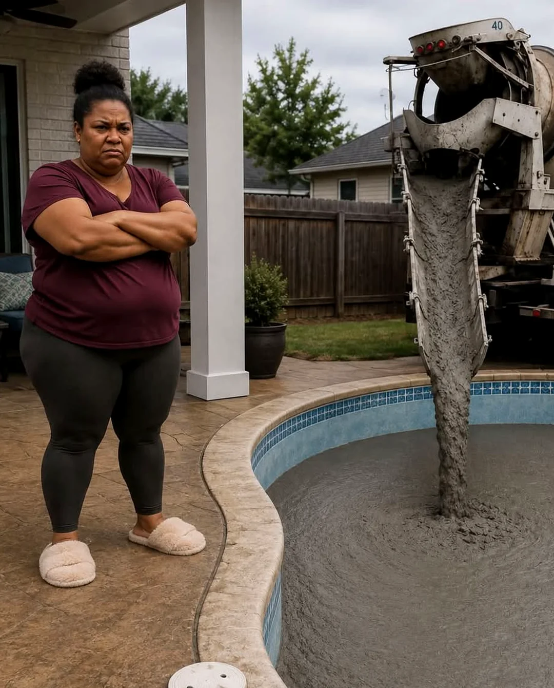 I Recorded My Neighbor Dumping Concrete Into My Late Husband’s Pool and Uncovered a Dark Secret About Our Property Boundary