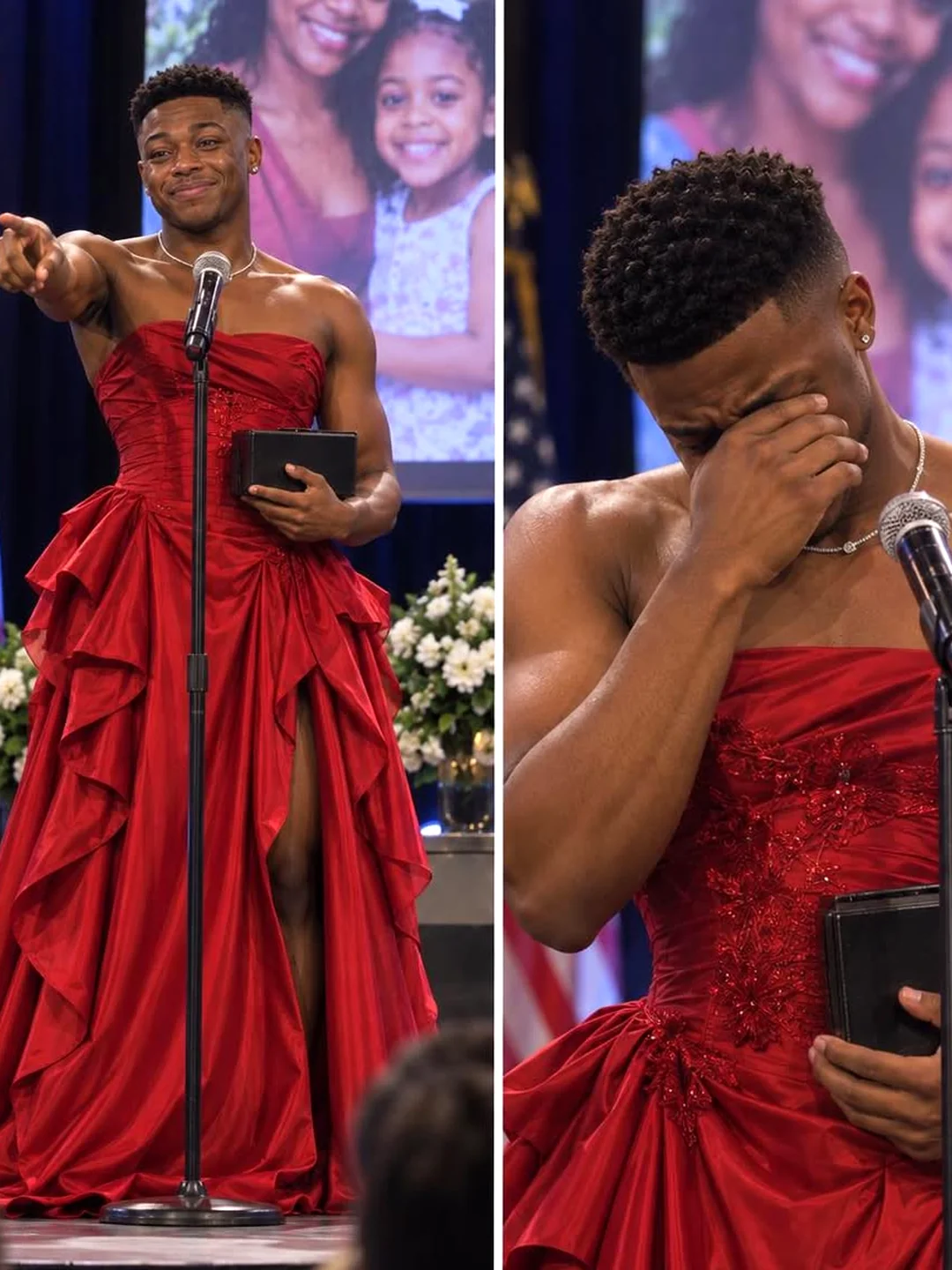 I watched my son stride across the stage in a bright red dress, feeling fear, love, and fierce defiance.