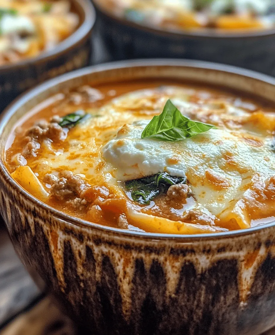 Lasagna is a dish that has long graced the tables of families around the world, celebrated for its comforting layers of pasta, hearty meat, and rich cheese. However, when you transform this beloved classic into a soup, you create an entirely new experience that is just as satisfying and even more approachable for weeknight dinners. Enter <strong>lasagna soup</strong>, a delightful twist that captures all the flavors of traditional lasagna in a cozy, warm bowl of broth. This innovative dish is quickly gaining popularity among home cooks and food enthusiasts alike for its simplicity and versatility, making it a family-friendly meal that everyone will love.” /></p>
</p>
<h3>Tips for Ensuring Noodles are Perfectly Tender</h3>
</p>
<p>One of the key aspects of a successful lasagna soup is ensuring that the noodles are perfectly tender without becoming mushy. To achieve this, consider the following tips:</p>
</p>
<p>1. <strong>Timing is Crucial</strong>: Add the noodles to the soup during the last 10-12 minutes of cooking. This allows them to soak up the flavors while cooking to the right texture.</p>
</p>
<p>2. <strong>Use the Right Type of Noodles</strong>: Opt for lasagna noodles that are designed to be cooked in the soup, such as no-boil or oven-ready varieties. If using traditional lasagna noodles, break them into pieces to speed up the cooking time.</p>
</p>
<p>3. <strong>Cook in Batches</strong>: If you’re making a large pot of soup, consider cooking the noodles separately and adding them to each serving. This helps prevent overcooking and keeps the noodles firm.</p>
</p>
<p>4. <strong>Taste as You Go</strong>: Always taste the noodles a minute or two before you think they are done. This ensures they maintain a perfect al dente texture.</p>
</p>
<h3>Adding Greens</h3>
</p>
<p>Incorporating greens into your lasagna soup not only adds color and texture but also boosts its nutritional profile. Fresh spinach, kale, or even Swiss chard can be excellent additions.</p>
</p>
<p>– <strong>How to Add Greens</strong>: Chop the greens roughly and stir them into the soup during the last few minutes of cooking. This allows them to wilt without losing their vibrant color and nutrients.</p>
</p>
<p>– <strong>Nutritional Benefits</strong>: Leafy greens are packed with vitamins A, C, and K, as well as antioxidants and fiber. They enhance the overall healthiness of your dish, making it a wholesome meal.</p>
</p>
<h3>Importance of Fresh Ingredients and Nutritional Benefits</h3>
</p>
<p>Using fresh ingredients in your lasagna soup plays a crucial role in both flavor and nutrition. Fresh vegetables, herbs, and quality proteins not only enhance the taste but also provide a wealth of nutrients.</p>
</p>
<p>– <strong>Flavor</strong>: Fresh produce brings a brightness and intensity to the soup that dried or canned ingredients cannot match. Fresh garlic, onions, and tomatoes form a flavorful base that elevates the entire dish.</p>
</p>
<p>– <strong>Nutritional Benefits</strong>: Fresh ingredients contribute essential nutrients. For instance, tomatoes are rich in lycopene, which has been linked to several health benefits, including heart health. Fresh herbs like basil and parsley offer additional vitamins and minerals, all while adding a burst of flavor.</p>
</p>
<h3>Preparing the Cheese Mixture</h3>
</p>
<p>The cheese mixture is a signature component of lasagna soup, contributing creaminess and flavor balance. Here’s how to prepare it effectively:</p>
</p>
<p>1. <strong>Choose Your Cheeses</strong>: A combination of ricotta, mozzarella, and Parmesan is traditional. Ricotta provides creaminess, mozzarella adds stretch and richness, while Parmesan offers a savory depth.</p>
</p>
<p>2. <strong>Achieve the Right Texture</strong>: For a smooth mixture, blend the cheeses with an egg and a splash of cream or milk. This will not only create a luscious texture but also help the cheese mixture hold together better in the soup.</p>
</p>
<p>3. <strong>Seasoning</strong>: Don’t forget to season the cheese mixture with salt, pepper, and a pinch of nutmeg. This enhances the flavor and ties the components of the soup together.</p>
</p>
<h3>Serving the Soup</h3>
</p>
<p>Presentation is important in making your lasagna soup inviting. Here are some presentation tips to elevate your dish:</p>
</p>
<p>– <strong>Choose the Right Bowl</strong>: Serve your soup in a deep, wide bowl that allows for easy scooping and showcases the colorful ingredients.</p>
</p>
<p>– <strong>Layer the Ingredients</strong>: Before ladling the soup, place a dollop of the cheese mixture in the center of the bowl. This creates a beautiful contrast against the soup and encourages diners to mix it in.</p>
</p>
<p>– <strong>Serve Hot</strong>: Lasagna soup is best enjoyed hot. Make sure to ladle it right from the pot to the bowl for an inviting steaming effect.</p>
</p>
<h3>Garnishing</h3>
</p>
<p>Garnishing your lasagna soup is an excellent way to enhance both flavor and aesthetics.</p>
</p>
<p>– <strong>Role of Fresh Basil</strong>: Fresh basil is the quintessential garnish for Italian dishes. Its aromatic qualities and slight sweetness complement the savory flavors of the soup beautifully. Tear some fresh basil leaves and sprinkle them on top just before serving.</p>
</p>
<p>– <strong>Additional Garnishes</strong>: Consider adding a sprinkle of grated Parmesan cheese or a drizzle of high-quality olive oil for added richness. Crushed red pepper flakes can also provide a nice kick for those who enjoy a little heat.</p>
</p>
<h3>Flavor Enhancements and Variations</h3>
</p>
<p>To take your lasagna soup to the next level, consider these flavor enhancements and variations:</p>
</p>
<p>1. <strong>Spices</strong>: Add Italian seasoning, crushed red pepper, or even a pinch of smoked paprika to deepen the flavor profile. Experiment with different spices to find your perfect blend.</p>
</p>
<p>2. <strong>Vegetable Additions</strong>: Incorporate other vegetables like bell peppers, zucchini, or mushrooms for added texture and nutrients. Sauté them with the onions at the beginning to allow their flavors to develop.</p>
</p>
<p>3. <strong>Protein Options</strong>: If you’re looking for alternative protein options, consider ground turkey or chicken for a leaner dish. For a vegetarian version, opt for lentils or plant-based crumbles that mimic the texture of meat.</p>
</p>
<p>4. <strong>Cheese Variations</strong>: Try using different types of cheese to suit your taste. Goat cheese adds a tangy flavor, while fontina provides a creamy texture. Mixing different cheeses can elevate the dish.</p>
</p>
<p>5. <strong>Dietary Adaptations</strong>: For gluten-free options, substitute regular noodles with gluten-free pasta. Similarly, for a dairy-free version, use cashew cream or a dairy-free cheese alternative to create that rich, creamy texture without the dairy.</p>
</p>
<h3>Nutritional Benefits of Lasagna Soup</h3>
</p>
<p>Understanding the nutritional components of your lasagna soup can help you make informed choices about your meals.</p>
</p>
<p>– <strong>Key Ingredients</strong>: Each ingredient contributes essential nutrients. For example, ground beef or turkey provides protein, while tomatoes offer vitamins C and K. Fresh vegetables add fiber and a range of vitamins.</p>
</p>
<p>– <strong>Health Benefits</strong>: By focusing on fresh vegetables and lean proteins, you create a dish that is not only satisfying but also beneficial for your health. The fiber from vegetables helps with digestion, while lean proteins support muscle growth and repair.</p>
</p>
<p>– <strong>Caloric Considerations</strong>: While lasagna soup can be hearty, being mindful of portion sizes can help control caloric intake. A standard serving size is typically around 1.5-2 cups, depending on your dietary goals.</p>
</p>
<h3>Serving Suggestions</h3>
</p>
<p>To make your lasagna soup a complete meal, consider these serving suggestions:</p>
</p>
<p>1. <strong>Accompaniments</strong>: Crusty garlic bread or a fresh green salad pairs perfectly with lasagna soup. The bread is great for dipping, while the salad adds a refreshing crunch.</p>
</p>
<p>2. <strong>Leftover Ideas</strong>: If you have leftovers, store them in an airtight container in the refrigerator for up to three days. You can also freeze portions for a quick meal later. Reheat on the stovetop, adding a splash of broth or water to loosen the soup if needed.</p>
</p>
<p>3. <strong>Meal Prep</strong>: Lasagna soup is an excellent option for meal prepping. Make a large batch and portion it out for lunches or quick dinners throughout the week.</p>
</p>
<h3>Conclusion</h3>
</p>
<p>Making lasagna soup at home is not only easy but also incredibly satisfying. With its comforting flavors and hearty ingredients, this dish is perfect for family dinners, gatherings, or cozy nights in. The versatility of lasagna soup allows you to tailor it to your taste preferences, whether by adjusting the spices, proteins, or vegetables.</p>
</p>
<p>As you explore this delightful recipe, you’ll find that each bowl offers a warm embrace, perfect for any occasion. Embrace the process, enjoy the aroma wafting through your kitchen, and savor every spoonful of this delicious lasagna soup. We invite you to try this recipe and experience the joy of cooking and sharing a meal that brings everyone together.</p>
</div>