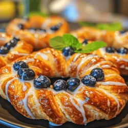 Puff pastry is a marvel of culinary engineering. Its unique texture is achieved by incorporating layers of butter between layers of dough, which create steam when baked. This steam causes the layers to puff up, resulting in a light and flaky pastry that is perfect for various sweet and savory dishes. The versatility of puff pastry makes it an ideal base for our Blueberry Pastry Rings, as it can hold up the filling while providing a delightful contrast to the creamy vanilla cream.