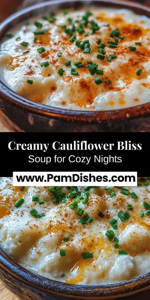 Warm up with a comforting bowl of Creamy Cauliflower Bliss Soup that combines health and indulgence. This rich and velvety soup features cauliflower, sautéed onions, and garlic for depth, all blended to perfection for a creamy texture. With options for coconut milk or heavy cream, it caters to various dietary preferences. Perfect as a cozy meal at home or an impressively elegant starter for guests, this soup is sure to be a hit at any table. Enjoy the satisfying flavors and nourishing benefits in every spoonful.
