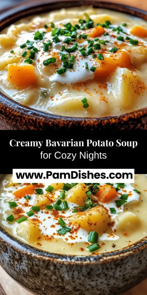 Warm up with a bowl of Creamy Bavarian Potato Soup, a comforting recipe perfect for chilly days. Made with Yukon Gold potatoes, aromatic vegetables, and rich heavy cream, this soup delivers a delightful blend of flavors that evoke the heart of Bavarian cuisine. Easy to make and ideal for family dinners or gatherings, this soup will soon become a staple in your kitchen. Enjoy it with crusty bread and a sprinkle of chives for the perfect meal! #PotatoSoup #ComfortFood #BavarianCuisine #SoupRecipes #CozyMeals