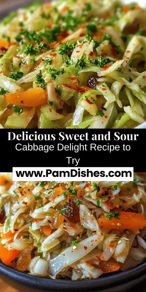 Discover the vibrant flavors of Sweet and Sour Cabbage Delight! This easy recipe combines the tanginess of apple cider vinegar with the natural sweetness of cabbage for a nutritious side dish or vegetarian main. Packed with vitamins and fiber, it's perfect with grilled meats or on its own. Customize it with optional ingredients like raisins or bell peppers for extra flavor. Savor this delicious dish that bridges culinary traditions! #SweetAndSour #CabbageRecipe #HealthyEating #VegetarianCooking #FlavorfulDishes