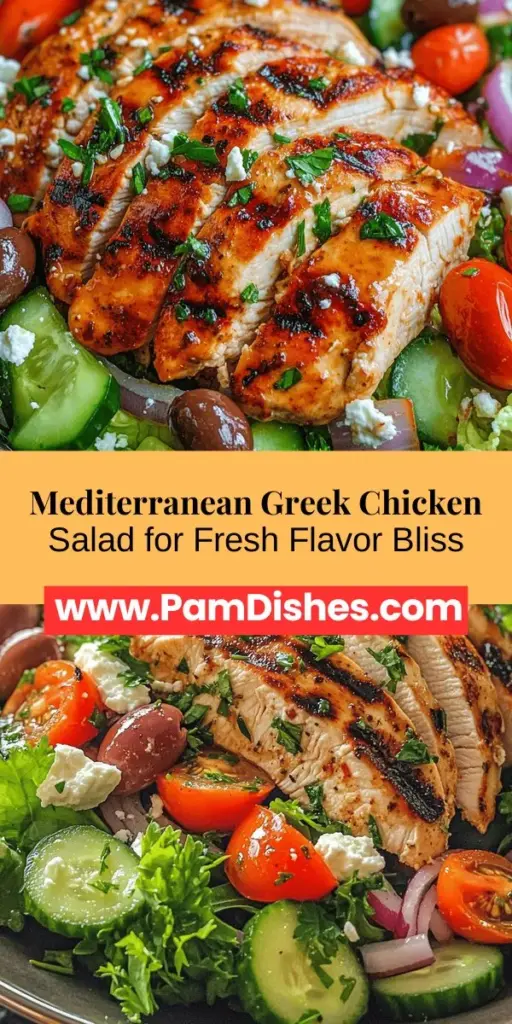 Discover the vibrant flavors of the Mediterranean with this refreshing Greek Chicken Salad! Perfect for lunches or light dinners, it's packed with lean protein, fresh veggies, and tangy feta cheese, all drizzled with a zesty dressing. This salad not only satisfies your taste buds but also promotes heart health and overall well-being. Try this nutritious dish and embrace the Mediterranean lifestyle today! #GreekChickenSalad #MediterraneanDiet #HealthyEating #EasyRecipes #MealPrepIdeas
