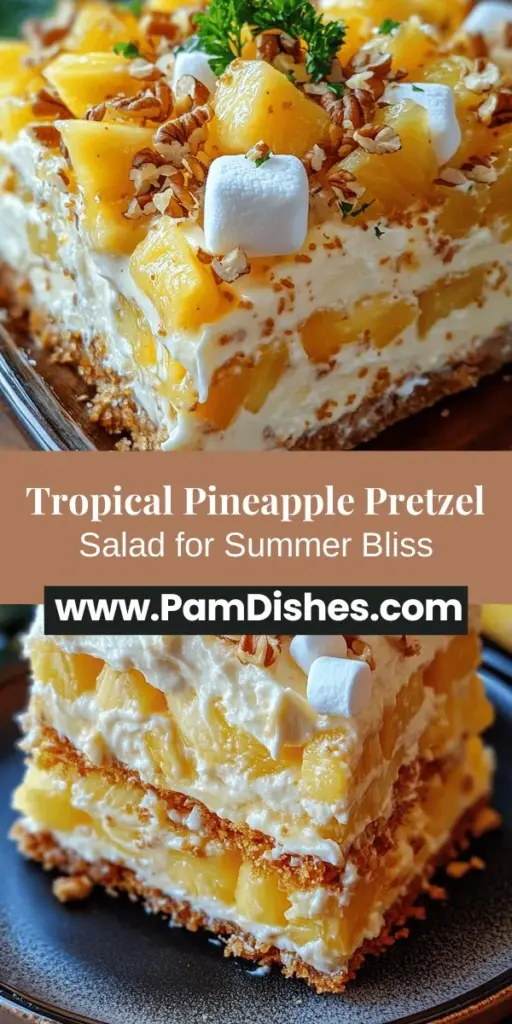 Discover the Tropical Bliss Pineapple Pretzel Fluff Salad, a delightful summer dish that perfectly blends sweet and salty flavors! With a crunchy pretzel crust and a creamy, fruity filling featuring fresh pineapple and mini marshmallows, this easy-to-make salad is ideal for potlucks, barbecues, and family gatherings. Its vibrant colors and playful textures make it a hit among all ages. Get ready to impress your guests with this refreshing dessert salad that embodies the essence of summer!