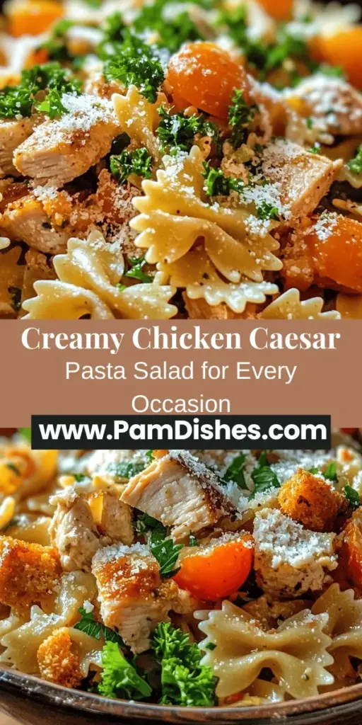 Discover the delightful and versatile Creamy Chicken Caesar Pasta Salad that combines traditional Caesar flavors with hearty pasta for a satisfying meal. Perfect for quick lunches, potlucks, or casual dinners, this dish is easy to customize to fit your dietary preferences. Packed with fresh ingredients like crisp romaine, juicy tomatoes, and savory chicken, it's a flavor-packed option for any occasion. Try it today! #PastaSalad #CaesarSalad #HealthyEating #MealPrep #QuickRecipes #CookingAtHome