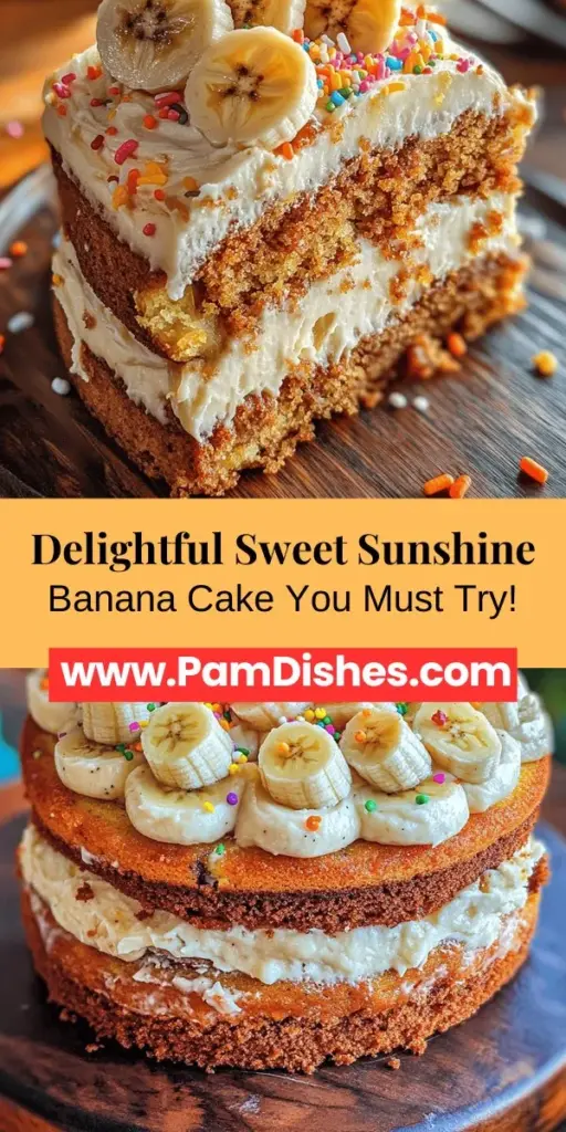 Experience the joyful flavors of our Sweet Sunshine Banana Cake! This moist and delicious dessert is perfect for any occasion, whether you're celebrating a birthday or enjoying a cozy afternoon treat. Made with ripe bananas for natural sweetness and topped with creamy cream cheese frosting, it’s sure to bring back fond memories. Dive into this versatile recipe and indulge in every bite! #BananaCake #Baking #Dessert #HomemadeCake #Foodie #ComfortFood #Delicious