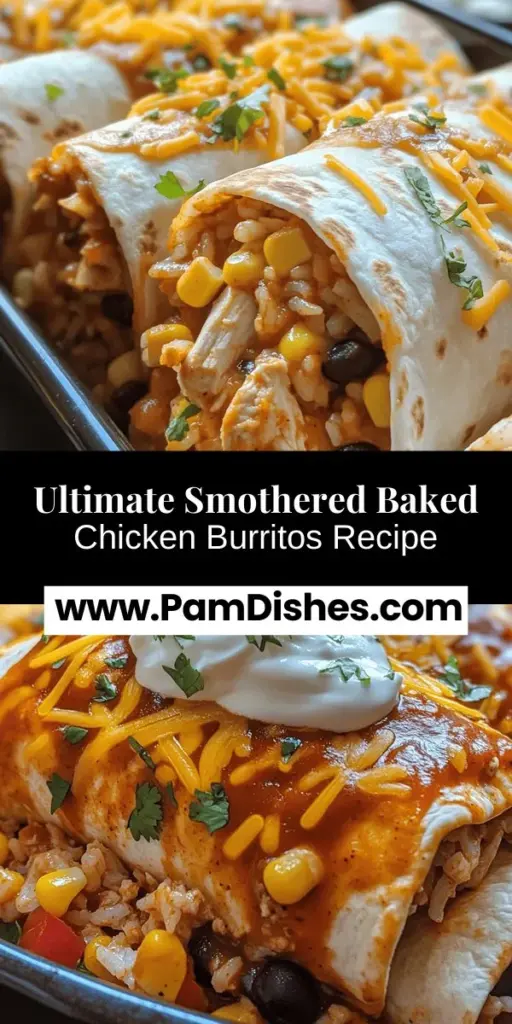 Indulge in the ultimate comfort food with Smothered Baked Chicken Burritos! These hearty delights combine tender shredded chicken, black beans, corn, and zesty enchilada sauce, all enveloped in a warm tortilla. Perfect for family dinners or gatherings, they’re easy to customize with your favorite ingredients. Serve with fresh cilantro and sour cream for a delicious finish. Try this satisfying recipe today and make it a family favorite! #BakedBurritos #ComfortFood #ChickenBurritos #EasyRecipes #FamilyDinner
