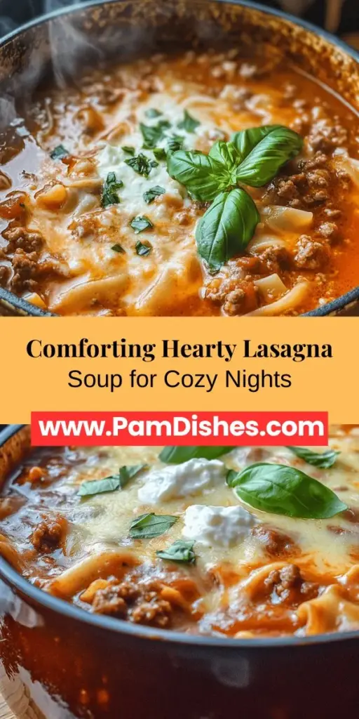 Warm up your dinner table with Hearty Lasagna Soup—a comforting twist on the classic lasagna! In just around 30 minutes, you can enjoy this hearty soup packed with seasoned meats, melty cheese, and fresh vegetables. Perfect for busy weeknights or cozy gatherings, this dish is sure to impress everyone. Discover how to create this flavorful soup that warms the soul. #LasagnaSoup #ComfortFood #QuickRecipes #SoupSeason #FamilyDinner #EasyMeals #HomemadeDeliciousness