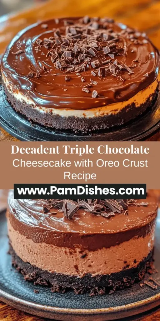Indulge in the ultimate dessert experience with this Triple Chocolate Cheesecake featuring a crunchy Oreo crust! This luxurious treat combines dark, milk, and white chocolates for a rich, creamy delight. Learn how to create the perfect crust and filling, plus tips on baking and presentation. Ideal for special occasions or a decadent treat at home, this cheesecake will impress friends and family alike. Get ready to savor every bite! #Cheesecake #ChocolateDesserts #Baking #OreoCrust #DessertRecipes #SweetTooth