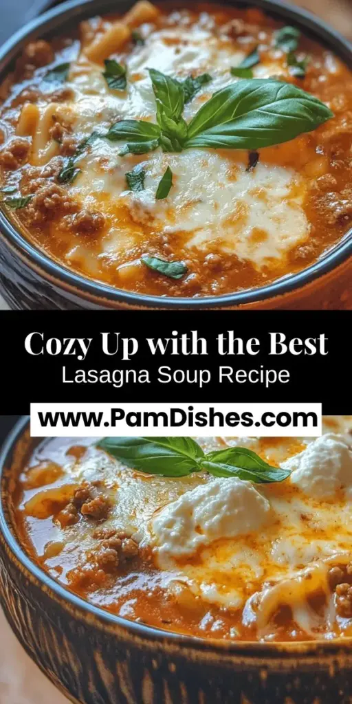 Discover the comforting and delicious world of lasagna soup with this easy recipe! Enjoy all the classic flavors of traditional lasagna in a warm bowl of broth, perfect for busy weeknight dinners. Packed with savory meats, rich tomatoes, and melted cheese, it's a family-friendly meal that's simple to customize. Learn how to make this delightful twist and bring everyone together around the table. #LasagnaSoup #ComfortFood #EasyRecipes #FamilyDinner #SoupLovers #CookingAtHome #ComfortingMeals