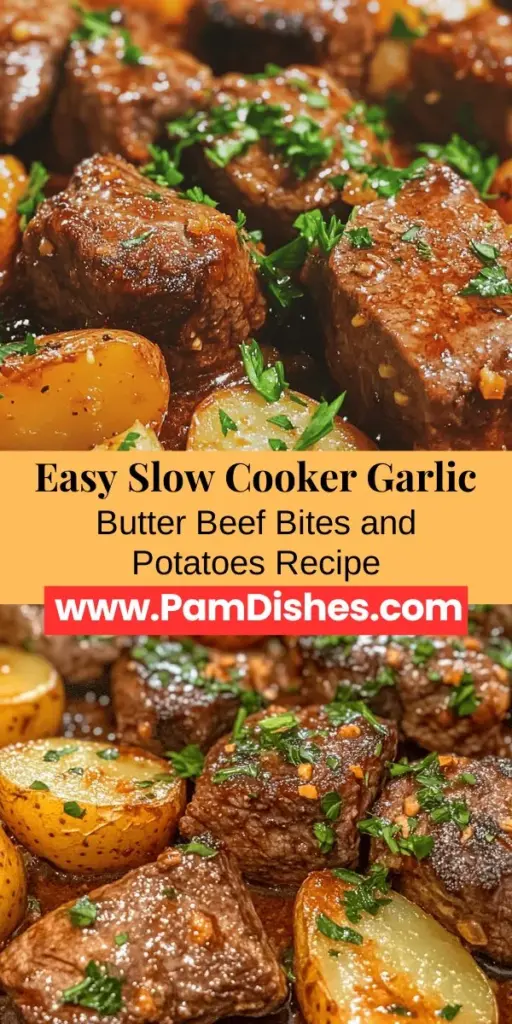 Discover the ultimate comfort food with this Slow Cooker Garlic Butter Beef Bites & Potatoes recipe! This hearty dish combines tender beef bites simmered in a rich garlic butter sauce with creamy baby potatoes. Just toss the ingredients into your slow cooker and let it work its magic while you’re busy. Perfect for family dinners or gatherings, this meal is both easy to prepare and bursting with flavor. Try it today! #SlowCookerRecipes #ComfortFood #BeefBites #EasyMeals #GarlicButter #FamilyDinner