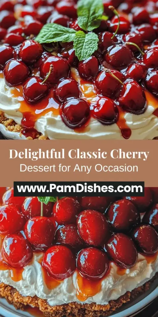 Indulge in the delightful flavors of Classic Cherry Delight, a layered dessert that brings comfort and nostalgia. Featuring juicy cherries, a creamy filling, and a crumbly graham cracker crust, this treat is perfect for any occasion. Easy to prepare, it’s sure to impress your family and friends. Whether you opt for fresh or frozen cherries, this irresistible dessert is a must-try. Dive into the joy of baking! #CherryDelight #DessertRecipe #BakingJoy #SweetTreats #LayeredDessert