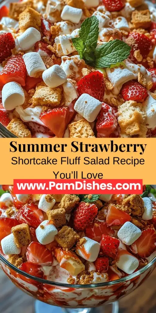 Looking for the perfect summer dessert? Try this delicious Strawberry Shortcake Fluff Salad! It combines fresh strawberries, creamy yogurt, fluffy whipped topping, and soft pound cake for a delightful treat that's easy to make and sure to impress. Ideal for picnics, barbecues, and gatherings, this light, refreshing dish offers a symphony of flavors and textures. Get ready to savor summer with every bite! #StrawberryShortcake #FluffSalad #SummerDessert #Yummy #EasyRecipe