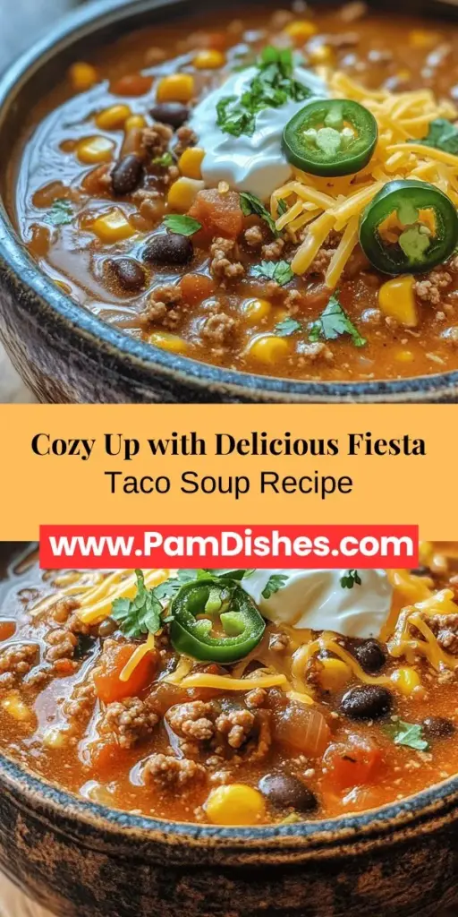 Warm up this winter with delicious Fiesta Taco Soup! This hearty meal combines the comforting flavors of tacos in a simple soup format that's perfect for family dinners or potlucks. Packed with protein, beans, and vibrant vegetables, it's both nutritious and satisfying. Customize it with your favorite toppings for an extra layer of flavor. Dive into this bowl of joy! #FiestaTacoSoup #ComfortFood #HealthyEating #SoupSeason #CozyMeals