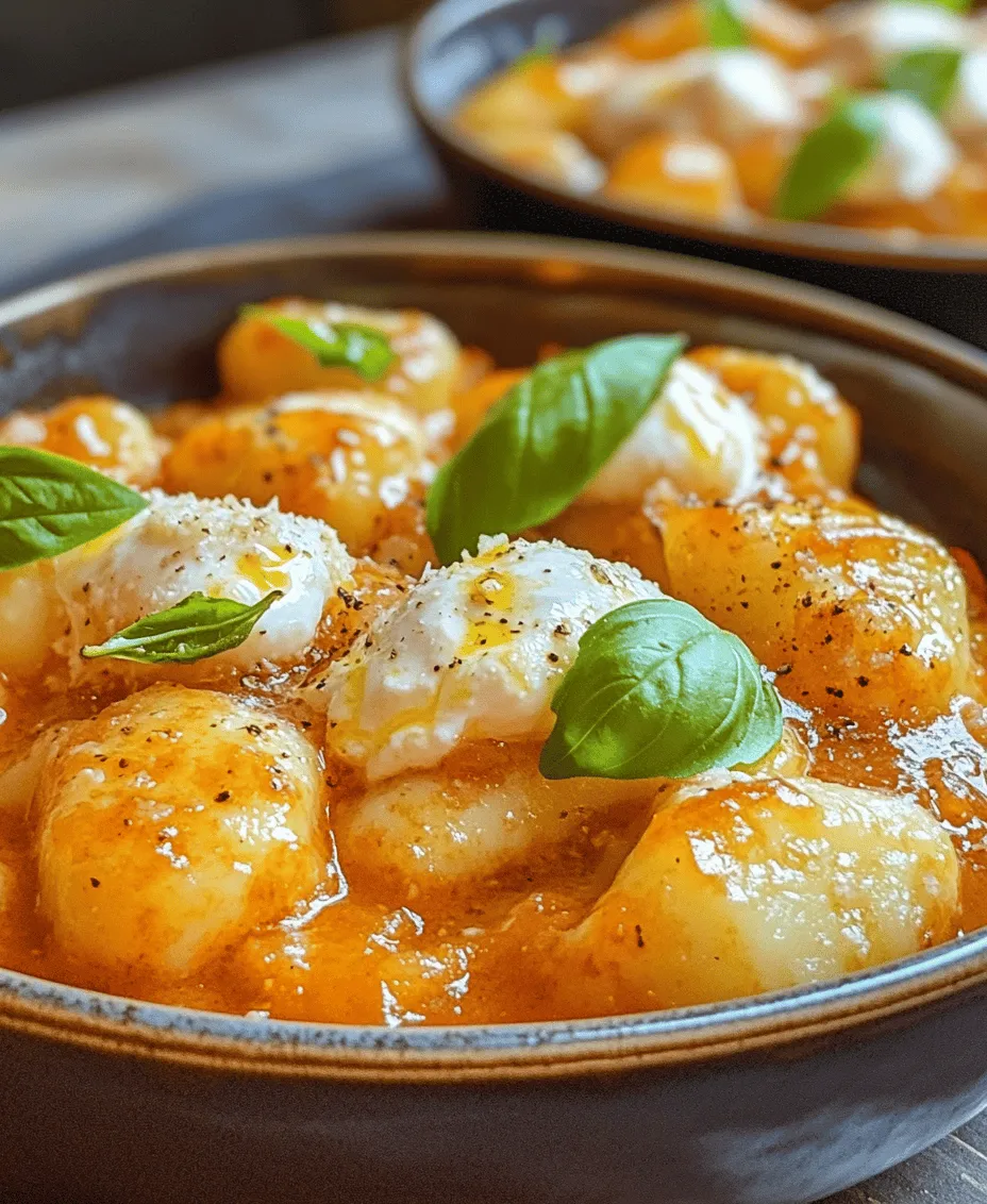 In the hustle and bustle of modern life, finding time to prepare a comforting meal can often feel like a challenge. Enter <strong>30 Minute Creamy Tomato Gnocchi with Burrata</strong>—a delightful dish that brings together the rich flavors of creamy tomato sauce and soft, pillowy gnocchi, topped with the luxurious creaminess of burrata cheese. This recipe is perfect for busy weeknights when you want something delicious on the table without spending hours in the kitchen.” /></p>
</p>
<h3>Creating the Sauce</h3>
</p>
<p>To craft the perfect sauce for your 30 Minute Creamy Tomato Gnocchi with Burrata, attention to detail is key. Each ingredient plays a vital role in achieving a rich, creamy texture that beautifully coats the gnocchi.</p>
</p>
<p><strong>Ingredients Breakdown:</strong></p>
</p>
<p>1. <strong>Olive Oil</strong>: Start with a generous drizzle of extra virgin olive oil. This not only serves as the base for your sauce but also infuses the dish with a fruity, slightly peppery flavor.</p>
</p>
<p>2. <strong>Garlic</strong>: Minced garlic is essential for flavoring the oil. Sautéing it until golden brings out its natural sweetness and aromatic qualities. Be cautious not to burn it, as burnt garlic can impart a bitter taste.</p>
</p>
<p>3. <strong>Crushed Tomatoes</strong>: The heart of your sauce, crushed tomatoes add acidity and sweetness. Opt for high-quality canned tomatoes for a fresh taste. The tomatoes will break down as they cook, creating a smooth sauce.</p>
</p>
<p>4. <strong>Heavy Cream</strong>: To achieve that creamy consistency, heavy cream is added. This ingredient creates a luxurious mouthfeel and balances the acidity of the tomatoes. For a lighter option, you can substitute with half-and-half or a non-dairy cream.</p>
</p>
<p>5. <strong>Fresh Basil</strong>: As you finish the sauce, fresh basil adds an aromatic layer. It pairs perfectly with tomatoes and enhances the dish’s freshness. Tear the basil leaves instead of chopping them to release their oils without bruising.</p>
</p>
<p><strong>Tips for Achieving the Right Consistency:</strong></p>
</p>
<p>– <strong>Simmering</strong>: Allow the sauce to simmer for about 10-15 minutes, which helps it thicken and meld flavors. If it becomes too thick, a splash of pasta water can help loosen it without losing flavor.</p>
</p>
<p>– <strong>Adjusting Texture</strong>: If you prefer a smoother sauce, consider blending it briefly with an immersion blender. This is especially useful if you want to incorporate additional vegetables like spinach or carrots for added nutrition.</p>
</p>
<h3>Combining Flavors</h3>
</p>
<p>Once your sauce is ready, it’s time to integrate the gnocchi. Begin by cooking the gnocchi in a separate pot of salted water until they float, indicating they are done. This usually takes about 2-3 minutes.</p>
</p>
<p><strong>Integrating Gnocchi into the Sauce:</strong></p>
</p>
<p>1. <strong>Timing is Crucial</strong>: To maintain the gnocchi’s texture, add them directly to the sauce immediately after cooking. This allows them to absorb some of the sauce’s flavor while ensuring they remain tender.</p>
</p>
<p>2. <strong>Gentle Tossing</strong>: Use a spoon or spatula to gently toss the gnocchi in the sauce. Take care not to break them apart. A light hand is essential for keeping their delicate structure intact.</p>
</p>
<p>3. <strong>Enhancing Flavors</strong>: For an extra flavor boost, sprinkle in a pinch of salt and freshly cracked black pepper while combining. Taste the dish before serving, adjusting seasoning as necessary.</p>
</p>
<h3>Serving Suggestions</h3>
</p>
<p><strong>Plating the Dish:</strong></p>
</p>
<p>Presentation plays a significant role in the dining experience. Start by using a large shallow bowl to serve your creamy tomato gnocchi. This allows the sauce to pool beautifully around the gnocchi.</p>
</p>
<p><strong>Visual Appeal: Tips on How to Present the Dish Beautifully:</strong></p>
</p>
<p>– <strong>Layering</strong>: Place a generous mound of gnocchi in the center, allowing some of the sauce to cascade around it. This creates a visually appealing effect.</p>
</p>
<p>– <strong>Color Contrast</strong>: Use a contrasting plate color, such as white or dark blue, to make the vibrant reds of the sauce and greens of the basil pop.</p>
</p>
<p><strong>Garnishing Ideas:</strong></p>
</p>
<p>While fresh basil and grated Parmesan are classic choices, consider these creative garnishes:</p>
</p>
<p>– <strong>Chili Flakes</strong>: A sprinkle of chili flakes adds a pop of color and a hint of heat, appealing to those who enjoy a spicy kick.</p>
</p>
<p>– <strong>Toasted Pine Nuts</strong>: These add a delightful crunch and nutty flavor that complements the creamy sauce beautifully.</p>
</p>
<p>– <strong>Microgreens</strong>: For an elegant touch, a few microgreens can elevate the visual appeal while providing a fresh flavor complement.</p>
</p>
<h3>Nutritional Information</h3>
</p>
<p><strong>Health Benefits of the Ingredients:</strong></p>
</p>
<p>This creamy tomato gnocchi dish is not only delicious but also packed with nutrients. Here’s a quick breakdown:</p>
</p>
<p>– <strong>Calories</strong>: A typical serving contains approximately 450-500 calories, depending on portion size and specific ingredient choices.</p>
<p>– <strong>Fats</strong>: The use of olive oil and heavy cream contributes healthy fats, which are essential for absorbing fat-soluble vitamins.</p>
<p>– <strong>Proteins</strong>: Each serving contains about 10-15 grams of protein, primarily from the burrata. This cheese is also a good source of calcium.</p>
<p>– <strong>Vitamins</strong>: Tomatoes are rich in vitamins A and C, providing antioxidant properties that support overall health.</p>
</p>
<p><strong>Balancing the Meal:</strong></p>
</p>
<p>To enhance the nutritional value of your meal, consider pairing your gnocchi with a side salad or steamed vegetables.</p>
</p>
<p>– <strong>Salad Suggestions</strong>: A simple arugula salad dressed with lemon juice and olive oil can provide a peppery contrast to the creamy gnocchi. Alternatively, a mixed greens salad with cherry tomatoes, cucumber, and a balsamic vinaigrette offers freshness.</p>
</p>
<p>– <strong>Vegetable Options</strong>: Lightly sautéed spinach or roasted broccoli can add fiber and additional vitamins, making your meal more well-rounded.</p>
</p>
<h3>Cultural Background and Inspiration</h3>
</p>
<p><strong>Italian Cuisine Influence:</strong></p>
</p>
<p>Gnocchi has deep roots in Italian cuisine, traditionally made from potato, flour, and egg. These little dumplings are not only a comforting staple but also a versatile dish that can be paired with various sauces, from simple butter and sage to rich, creamy tomato-based variations like this one. The use of tomatoes harkens back to Italy’s rich agricultural heritage, where tomatoes thrive in the sun-drenched fields.</p>
</p>
<p><strong>Personal Touch:</strong></p>
</p>
<p>This recipe was inspired by summers spent in Italy, where fresh ingredients and family meals reign supreme. It captures the essence of Italian cooking: simple, high-quality ingredients prepared with care. The addition of burrata is a personal choice, as it adds an element of indulgence reminiscent of my favorite trattorias, where creamy cheeses elevate every dish.</p>
</p>
<h3>Conclusion</h3>
</p>
<p>In summary, Creamy Tomato Gnocchi with Burrata is a delightful blend of flavors and textures that is sure to impress. The rich, creamy sauce envelops the tender gnocchi, while the burrata adds a luxurious touch that makes this dish feel special.</p>
</p>
<p>This recipe not only showcases the beauty of Italian cuisine but also invites creativity in the kitchen. Don’t hesitate to experiment with seasonal ingredients or different garnishes; the joy of cooking lies in making a dish your own.</p>
</p>
<p>We encourage you to try this recipe and share your variations and experiences. Whether you’re preparing a weeknight dinner or hosting friends, this creamy tomato gnocchi is bound to become a favorite. Join the community of culinary enthusiasts and let your kitchen be filled with the aroma of this delightful dish!</p>
</div>