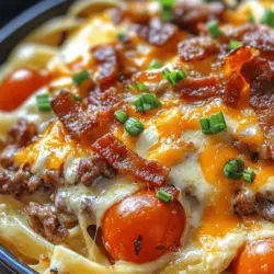 If you’re in search of a dish that perfectly combines comfort food with a burst of flavor, look no further than Loaded Bacon Cheeseburger Alfredo Pasta. This recipe takes the beloved elements of a classic cheeseburger and transforms them into a creamy, decadent pasta dish that will leave your taste buds dancing with delight. Imagine al dente fettuccine enveloped in a rich Alfredo sauce, layered with seasoned ground beef, crispy bacon, and topped with fresh tomatoes and green onions. It’s a meal that’s not just filling, but also bursting with savory flavors and satisfying textures.