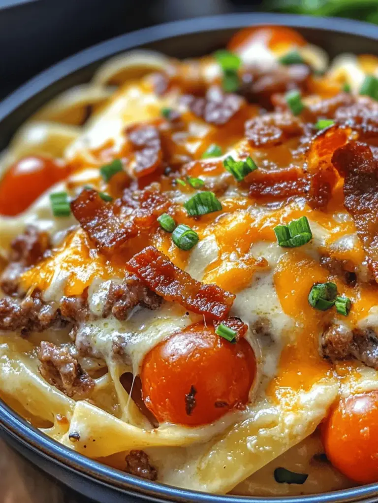 If you’re in search of a dish that perfectly combines comfort food with a burst of flavor, look no further than Loaded Bacon Cheeseburger Alfredo Pasta. This recipe takes the beloved elements of a classic cheeseburger and transforms them into a creamy, decadent pasta dish that will leave your taste buds dancing with delight. Imagine al dente fettuccine enveloped in a rich Alfredo sauce, layered with seasoned ground beef, crispy bacon, and topped with fresh tomatoes and green onions. It’s a meal that’s not just filling, but also bursting with savory flavors and satisfying textures.
