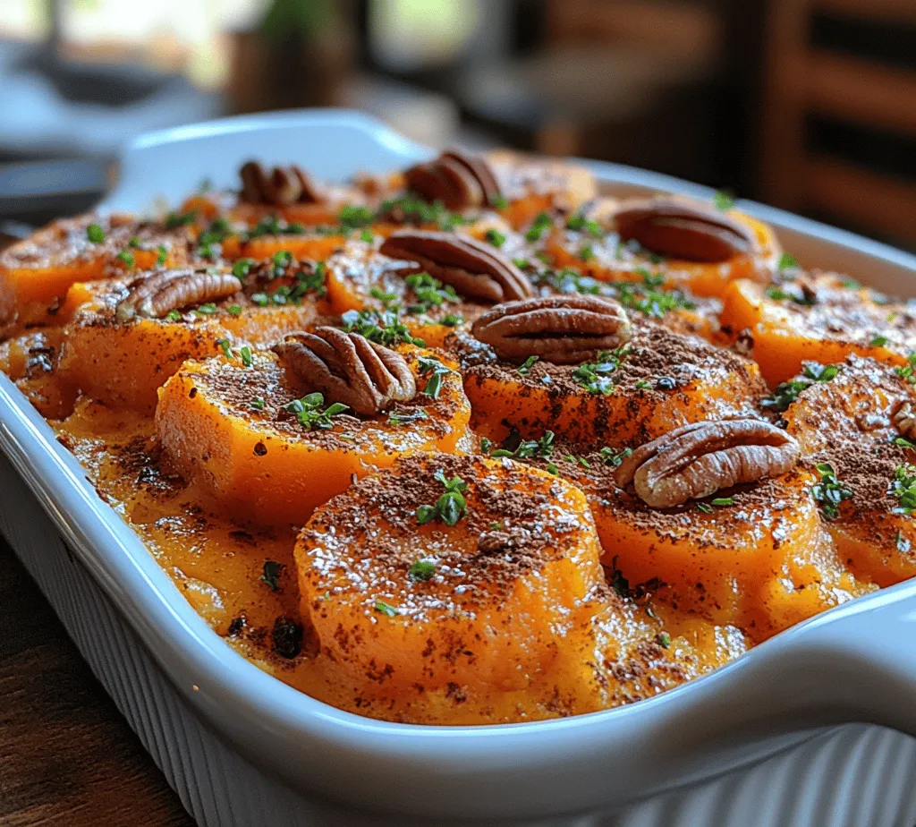 1. <strong>Sweet Potatoes</strong>: The star of the dish, sweet potatoes form the creamy base of the casserole. When selecting sweet potatoes, look for firm, smooth-skinned ones without any blemishes. They can be boiled, baked, or steamed before mashing for the casserole.” /></p>
</p>
<h2>Step-by-Step Instructions for Preparing Sweet Potato Casserole</h2>
</p>
<h3>Preheating the Oven: Why Temperature Matters in Baking</h3>
<p>Before diving into the preparation of your sweet potato casserole, it is crucial to preheat your oven to 350°F (175°C). Preheating your oven ensures that your casserole will bake evenly from the start, allowing the sweet potatoes to cook thoroughly and the pecan topping to become perfectly crisp. This step cannot be overlooked, as it sets the stage for the overall success of your dish.</p>
</p>
<h3>Preparing and Cooking Sweet Potatoes: Techniques for Achieving the Perfect Texture</h3>
<p>1. <strong>Selecting Sweet Potatoes</strong>: Start by choosing medium-sized sweet potatoes that are firm and free of blemishes. The quality of your sweet potatoes can significantly influence the final flavor and texture of your casserole.</p>
</p>
<p>2. <strong>Peeling and Cutting</strong>: Peel the sweet potatoes using a vegetable peeler, then chop them into evenly sized chunks, about 1-inch pieces. This uniformity is essential to ensure that they cook evenly.</p>
</p>
<p>3. <strong>Cooking Methods</strong>: You can choose to boil or steam your sweet potatoes. If boiling, place the chunks in a pot of cold, salted water, bringing it to a gentle boil. Cook for about 15-20 minutes or until fork-tender. For steaming, use a steamer basket over boiling water and steam for approximately 20 minutes, or until tender.</p>
</p>
<p>4. <strong>Testing for Doneness</strong>: Check the sweet potatoes by inserting a fork; it should slide in easily. Once cooked, drain them (if boiled) and let them cool slightly before mashing.</p>
</p>
<h3>Mashing the Sweet Potatoes: Tips for Achieving a Smooth Consistency</h3>
<p>Once your sweet potatoes are ready, it’s time to mash them. Transfer the cooked sweet potatoes to a mixing bowl. Use a potato masher or a hand mixer to achieve a smooth consistency. Avoid over-mixing, as this can make the sweet potatoes gummy.</p>
</p>
<p>1. <strong>Adding Ingredients</strong>: To your mashed sweet potatoes, add 1/2 cup of brown sugar, 1/4 cup of melted butter, 1/4 cup of milk (or a dairy-free alternative), 1 teaspoon of vanilla extract, and a pinch of salt. Mix until everything is well combined and the flavors meld together.</p>
</p>
<p>2. <strong>Taste and Adjust</strong>: This is a great moment to taste your mixture. Adjust the sweetness or add a bit more milk if you prefer a creamier texture.</p>
</p>
<h3>Creating the Pecan Topping: Ensuring a Crumbly Texture for Optimal Crunch</h3>
<p>For the delicious pecan topping, you will need:</p>
<p>– 1 cup of chopped pecans</p>
<p>– 1/2 cup of brown sugar</p>
<p>– 1/3 cup of all-purpose flour</p>
<p>– 1/4 cup of melted butter</p>
</p>
<p>1. <strong>Combining the Ingredients</strong>: In a small bowl, mix together the chopped pecans, brown sugar, and flour. Drizzle the melted butter over the mixture and stir until it resembles a coarse crumb.</p>
</p>
<p>2. <strong>Texture Check</strong>: The topping should be crumbly but hold together when squeezed. This texture will create a nice contrast to the softness of the sweet potato layer beneath.</p>
</p>
<h3>Assembling the Casserole: Layering Techniques for Enhanced Flavor Distribution</h3>
<p>Now that all components are ready, it’s time to assemble your casserole:</p>
</p>
<p>1. <strong>Grease Your Baking Dish</strong>: Use a 9×13-inch baking dish and lightly grease it with butter or a non-stick spray.</p>
</p>
<p>2. <strong>Layer the Mashed Sweet Potatoes</strong>: Spread the mashed sweet potato mixture evenly across the bottom of the baking dish. Make sure to press it down slightly to create an even layer.</p>
</p>
<p>3. <strong>Add the Pecan Topping</strong>: Evenly sprinkle the pecan topping over the sweet potato layer. This ensures that every bite will have a delicious crunch.</p>
</p>
<h3>Baking Time and Temperature: Importance of Monitoring for Doneness</h3>
<p>Place the assembled casserole in the preheated oven. Bake for 25-30 minutes or until the topping is golden brown and the sweet potato layer is heated through.</p>
</p>
<p>1. <strong>Monitoring</strong>: Keep an eye on the casserole during the last few minutes of baking to prevent the pecan topping from burning. If it browns too quickly, you can loosely cover the dish with aluminum foil.</p>
</p>
<p>2. <strong>Checking for Doneness</strong>: Insert a toothpick into the center of the casserole. If it comes out clean, your dish is ready to be served!</p>
</p>
<h2>Serving Suggestions and Pairings</h2>
</p>
<p>Sweet potato casserole is a delightful dish that fits perfectly into various occasions. Here are some ideas for serving and pairing this comforting casserole:</p>
</p>
<h3>Highlighting Occasions to Serve the Casserole</h3>
<p>– <strong>Holidays</strong>: This casserole is a staple on Thanksgiving and Christmas tables, where its sweet, comforting flavors complement savory dishes beautifully.</p>
<p>– <strong>Family Gatherings</strong>: Whether it’s a Sunday dinner or a family reunion, sweet potato casserole is sure to be a crowd pleaser.</p>
<p>– <strong>Potlucks</strong>: Easy to transport and serve, this dish is a fantastic addition to any potluck, bringing smiles and warmth to gatherings.</p>
</p>
<h3>Suggested Main Dishes That Complement the Sweet Potato Casserole</h3>
<p>Pair your sweet potato casserole with a variety of main dishes to create a well-rounded meal:</p>
<p>– <strong>Roasted Turkey</strong>: The savory flavors of roasted turkey balance the sweetness of the casserole.</p>
<p>– <strong>Glazed Ham</strong>: The sweet glaze of ham complements the dish’s flavors beautifully.</p>
<p>– <strong>Grilled Chicken</strong>: A simple, grilled chicken provides a lighter protein option that pairs well with the rich casserole.</p>
</p>
<h3>Ideas for Garnishing</h3>
<p>To enhance the presentation of your casserole, consider garnishing it with:</p>
<p>– <strong>Fresh Herbs</strong>: A sprinkle of chopped parsley or chives adds color and freshness.</p>
<p>– <strong>Additional Pecans</strong>: Placing a few whole pecans on top before serving adds visual appeal and reinforces the flavor.</p>
</p>
<h2>Conclusion</h2>
<p>Sweet potato casserole with pecan topping is not only a comforting and versatile dish but also a wonderful way to highlight seasonal ingredients. Its blend of sweet, creamy sweet potatoes and crunchy pecans creates a delightful experience that can elevate any meal.</p>
</p>
<p>As you embark on making this dish, remember that the joy of cooking lies in experimenting and making it your own. Encourage your friends and family to try this recipe, embracing the delightful combination of textures and flavors. Incorporating seasonal ingredients not only enhances your meals but also supports local agriculture and promotes health and enjoyment.</p>
</p>
<p>Try this sweet potato casserole recipe today, and enjoy the warmth it brings to your table!</p>
</div>