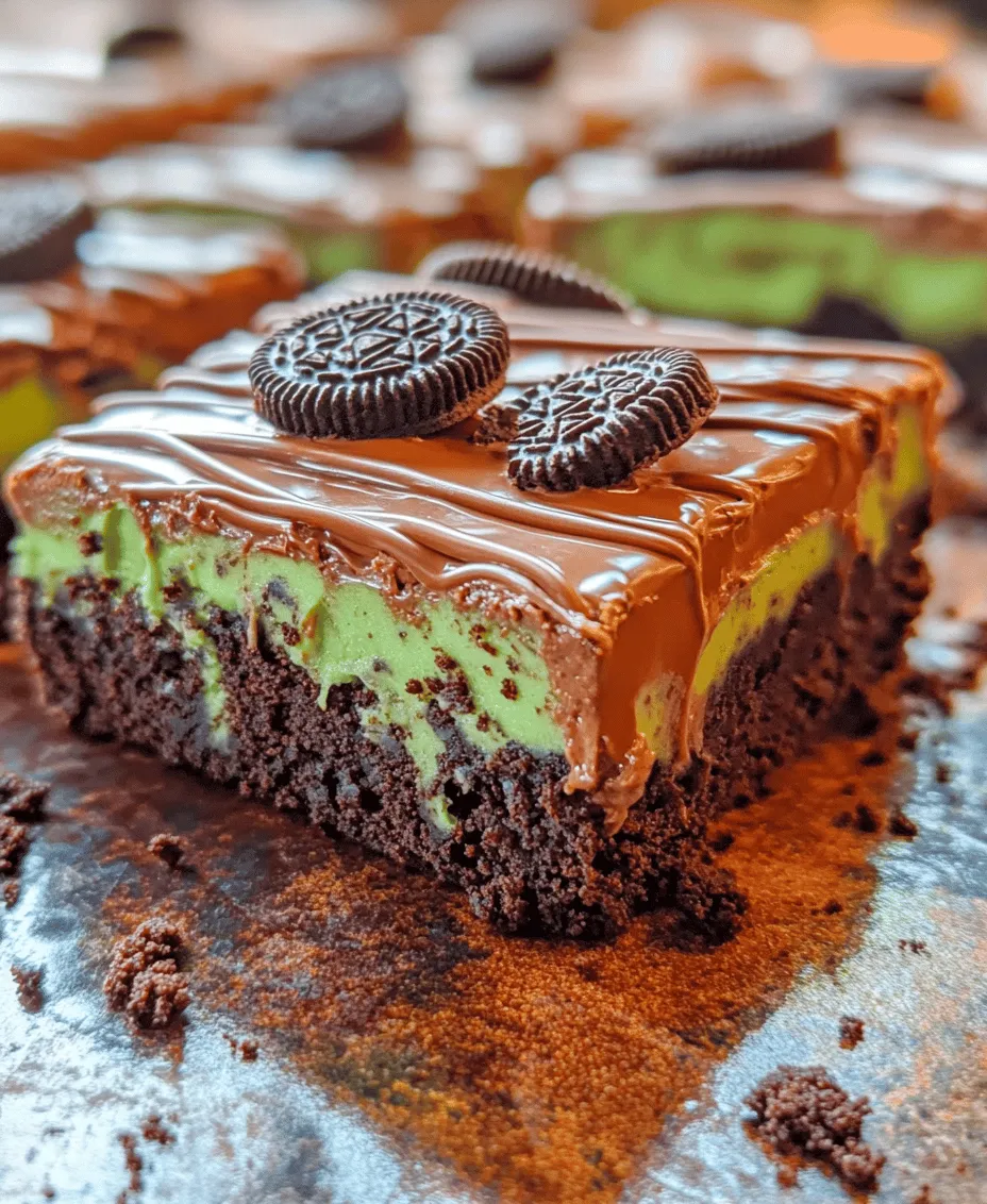 Brownies are a universal favorite, beloved for their rich, chocolatey goodness, and the sheer delight they bring to any dessert table. Whether served at a birthday party, a holiday gathering, or simply as a delicious treat to accompany your afternoon coffee, brownies have carved out a special place in the hearts of dessert lovers everywhere. Among the myriad of brownie recipes out there, the <strong>Triple Layer Fudgy Mint Oreo Brownies</strong> stand out for their unique combination of textures and flavors. These brownies feature a decadent fudgy base, a creamy mint layer, and a crunchy Oreo topping, creating a dessert that is sure to impress.” /></p>
</p>
<h3>Baking Tips: How to Check for Doneness and Cooling Methods</h3>
</p>
<p>When it comes to baking the perfect brownies, ensuring they are cooked just right is crucial for achieving that desired fudgy texture. To check for doneness, insert a toothpick or a skewer into the center of the brownies. If it comes out with a few moist crumbs clinging to it, your brownies are ready. If it comes out clean, you might have overbaked them, leading to a drier texture that doesn’t align with the fudgy brownie experience.</p>
</p>
<p>Once your brownies are baked to perfection, it’s important to cool them properly. Allow them to cool in the baking pan on a wire rack for about 10-15 minutes. This initial cooling allows the brownies to firm up slightly, making them easier to handle. After this, gently lift the brownies out of the pan using the parchment paper overhang. Place them on the wire rack to cool completely before adding the mint cream layer. This step is crucial as it prevents the cream layer from melting into the brownies.</p>
</p>
<h3>Crafting the Mint Cream Layer</h3>
</p>
<h4>Instructions for Preparing the Mint Cream Layer</h4>
</p>
<p>To prepare the mint cream layer, begin by creaming together 1 cup of softened butter and 4 cups of powdered sugar in a mixing bowl until the mixture is smooth and fluffy. The key to a creamy texture is ensuring your butter is softened to room temperature; this allows it to blend seamlessly with the sugar, creating a light and airy cream.</p>
</p>
<p>Next, add 1 teaspoon of peppermint extract and a pinch of salt to the mixture. The peppermint extract is essential for that refreshing minty flavor, but it can be potent, so start with a small amount and adjust to taste. If you’d like to enhance the visual appeal of your mint cream layer, consider adding a few drops of green food coloring. Mix until the color is uniform, giving your mint cream a delightful, vibrant hue.</p>
</p>
<h4>Importance of Using Softened Butter for a Creamy Texture</h4>
</p>
<p>Using softened butter is critical in creating a smooth and creamy layer that spreads easily over the brownies. Cold butter can lead to a lumpy, uneven texture that won’t integrate well with the sugar and other ingredients. If you forget to take the butter out ahead of time, you can soften it quickly by cutting it into small cubes and letting it sit at room temperature for about 15-20 minutes, or by microwaving it in short bursts on low power.</p>
</p>
<h3>Assembling the Oreo Topping</h3>
</p>
<h4>Guide on How to Prepare and Incorporate the Mint Oreo Cookies</h4>
</p>
<p>Once the mint cream layer is prepared and the brownies are completely cooled, it’s time to assemble the Oreo topping. Start by taking one package of Mint Oreo cookies and chopping them into quarters. This size will allow for even distribution across the mint cream layer while still providing that satisfying crunch in every bite.</p>
</p>
<p>For best practices, use a sharp knife to chop the cookies. A gentle chopping motion will prevent the filling from squishing out too much, allowing you to maintain the integrity of the cookies. After chopping, sprinkle the Oreos generously over the mint cream layer, pressing them down gently to ensure they adhere well.</p>
</p>
<h4>Tips for Ensuring the Oreos Adhere to the Mint Cream Layer</h4>
</p>
<p>To ensure that the Oreos stay in place, it’s important to apply them while the mint cream layer is still slightly soft. If the cream layer has set too much, you can lightly press the chopped Oreos into the cream layer. This will help the cookies adhere better, creating a more cohesive topping.</p>
</p>
<h3>Drizzling with Chocolate: The Finishing Touch</h3>
</p>
<h4>Detailed Instructions on Melting Chocolate Chips for Drizzling</h4>
</p>
<p>No brownie is complete without a decadent drizzle of chocolate. To create the drizzle, start by placing 1 cup of semi-sweet chocolate chips in a microwave-safe bowl. Microwave the chips in 30-second intervals, stirring between each interval until the chocolate is completely melted and smooth. This method prevents burning and ensures a silky consistency.</p>
</p>
<h4>Importance of Stirring and Heating in Intervals to Avoid Burning</h4>
</p>
<p>It’s essential to monitor the chocolate closely while melting. Chocolate can go from beautifully melted to burnt in seconds, so patience is key. Stirring helps to distribute the heat evenly. If you notice that your chocolate is melting unevenly, continue to stir until smooth, even if you haven’t reached the full heating time.</p>
</p>
<h4>Techniques for Achieving an Aesthetically Pleasing Drizzle</h4>
</p>
<p>Once your chocolate is melted, use a fork or a piping bag to drizzle the chocolate over the assembled brownies. If you’re using a fork, dip it into the chocolate, lift it high above the brownies, and let the chocolate fall in a zigzag motion for a beautiful pattern. If you opt for a piping bag, you can create more controlled lines or designs. Allow the chocolate to set slightly before moving on to the chilling process.</p>
</p>
<h3>Chilling and Serving the Brownies</h3>
</p>
<h4>Discussing the Final Chilling Process and Its Importance in Setting the Layers</h4>
</p>
<p>After you’ve drizzled the chocolate, it’s time to chill the brownies once more. Place them in the refrigerator for at least 1 hour. This chilling process is essential as it helps the mint cream layer set properly, allowing for clean cuts and a beautiful presentation when serving.</p>
</p>
<h4>How to Properly Lift and Slice the Brownies Using Parchment Paper</h4>
</p>
<p>When you’re ready to serve, gently lift the brownies out of the pan using the parchment paper. Place the brownies on a cutting board and use a sharp knife to slice them into squares. For cleaner cuts, warm the knife under hot water and wipe it dry before slicing. This technique prevents the layers from smearing and keeps your presentation tidy.</p>
</p>
<h4>Suggestions for Serving: Chilled Versus Room Temperature</h4>
</p>
<p>These Triple Layer Fudgy Mint Oreo Brownies can be enjoyed chilled, which accentuates the refreshing mint flavor, or at room temperature, which gives the brownies a softer, fudgier texture. Consider offering both options to your guests to accommodate their preferences.</p>
</p>
<h3>Nutritional Information and Serving Suggestions</h3>
</p>
<h4>Overview of the Nutritional Aspects of the Brownies</h4>
</p>
<p>While indulging in these decadent brownies, it’s good to be mindful of their nutritional content. Each serving contains approximately 250 calories, depending on the size of your squares and exact ingredients used. They are rich in sugars and fats, making them a delightful treat, but best enjoyed in moderation.</p>
</p>
<h4>Suggestions for Pairing with Beverages or Serving with Ice Cream</h4>
</p>
<p>To elevate your dessert experience, consider pairing these brownies with a cold glass of milk or a warm cup of coffee. The rich chocolate flavor complements both beverages beautifully. For an indulgent twist, serve with a scoop of vanilla ice cream or mint chocolate chip ice cream, providing a delightful contrast to the fudgy brownies.</p>
</p>
<h3>Conclusion</h3>
</p>
<p>Creating Triple Layer Fudgy Mint Oreo Brownies is not just about baking; it’s about crafting a delicious, layered dessert that brings joy and satisfaction with every bite. The combination of fudgy brownies, minty cream, crunchy Oreos, and a silky chocolate drizzle is sure to impress family and friends alike.</p>
</p>
<p>The process of layering, chilling, and serving these brownies allows you to explore your creativity in the kitchen. Don’t hesitate to experiment with variations—try different cookie flavors, adjust the mint intensity, or play with toppings to make this recipe your own for various occasions. Your culinary adventure is just beginning, and the satisfaction of creating delightful desserts awaits you.</p>
</div>