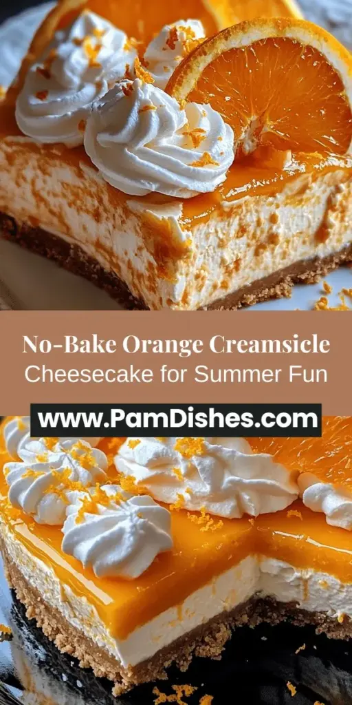 Beat the heat this summer with a No-Bake Orange Creamsicle Cheesecake! This easy and refreshing dessert captures the essence of childhood creamsicles in a creamy, citrus-infused cheesecake. Perfect for gatherings or picnics, it features a crunchy graham cracker crust and a luscious filling made with fresh orange juice and zest. No baking needed—just chill and enjoy! Discover how simple it is to make this delightful treat! #NoBakeDesserts #SummerTreats #Cheesecake #Foodie #DessertRecipes