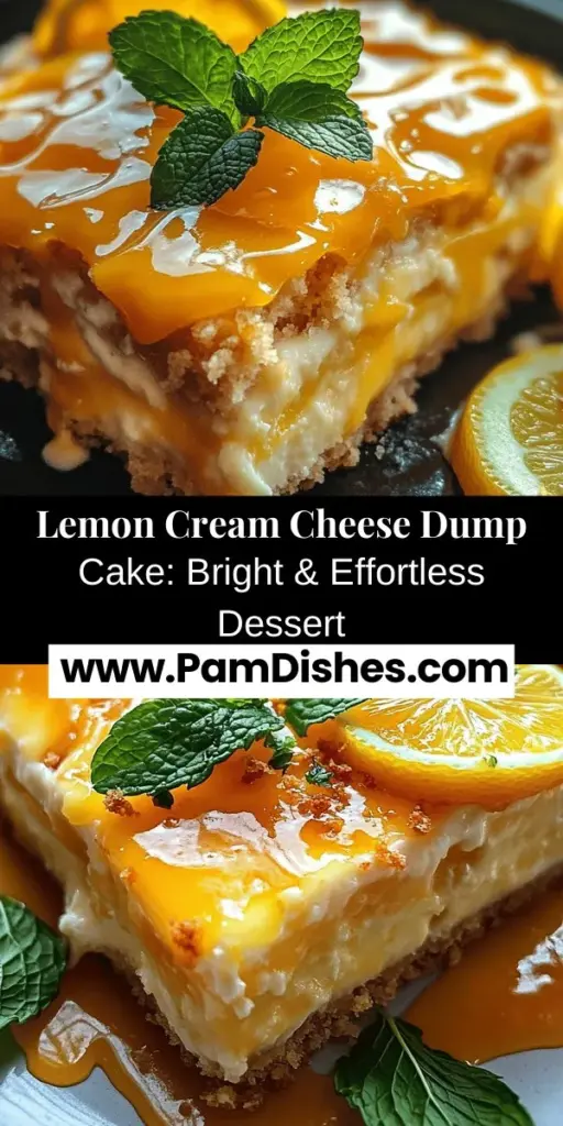 Discover the refreshing delight of Tangy Lemon Cream Cheese Dump Cake with a buttery crust. This easy-to-make dessert combines the zesty flavor of fresh lemons with a rich cream cheese filling, all wrapped in a golden crust. Perfect for any occasion, this dump cake requires minimal effort—just layer your ingredients and let the oven work its magic. Enjoy a slice of this creamy, citrusy treat that’s not only delicious but also offers some health benefits. Bring joy to your baking with this simple, satisfying recipe!