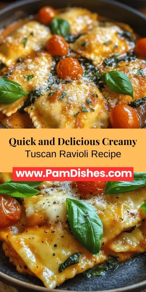 If you're in search of a quick and comforting dinner, try this Easy Weeknight Creamy Tuscan Ravioli. Whipping it up in under 30 minutes, this rich dish features tender ravioli enveloped in a luscious, creamy sauce with fresh spinach and juicy cherry tomatoes. Perfect for busy weeknights, it combines the best of Italian flavors and nutrition. Bring the warmth of Tuscany to your table with this delectable recipe that will satisfy the whole family!