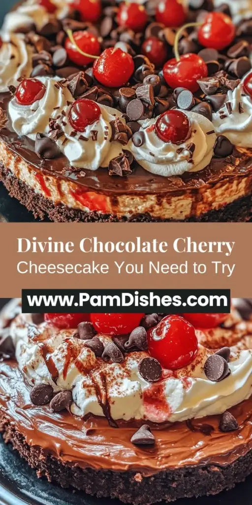 Experience the ultimate indulgence with this Decadent Chocolate Cherry Cheesecake recipe! This dessert combines rich chocolate, tangy cherries, and creamy cheesecake in an unforgettable treat that's perfect for special occasions or a cozy night in. With a sturdy chocolate cookie crust, a luscious cream cheese filling, and a vibrant cherry topping, every bite offers a satisfying mix of flavors and textures. Follow our step-by-step instructions to create this showstopper that will impress friends and family alike!