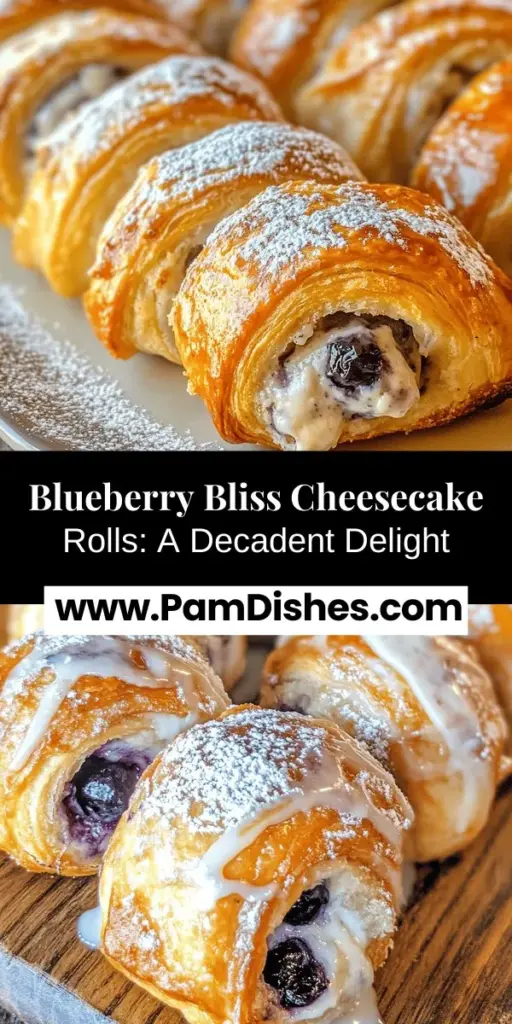 Indulge in the delightful flavors of Blueberry Bliss Cheesecake Rolls! These easy-to-make treats blend creamy cheesecake goodness with flaky crescent roll dough and fresh blueberries, perfect for any occasion. Serve warm or at room temperature, and enjoy their charming presentation at brunch, picnics, or dinner parties. Impress your family and friends with this scrumptious dessert that looks as beautiful as it tastes! #Desserts #Baking #BlueberryRolls #Cheesecake #SweetTreats #HomemadeGoodness