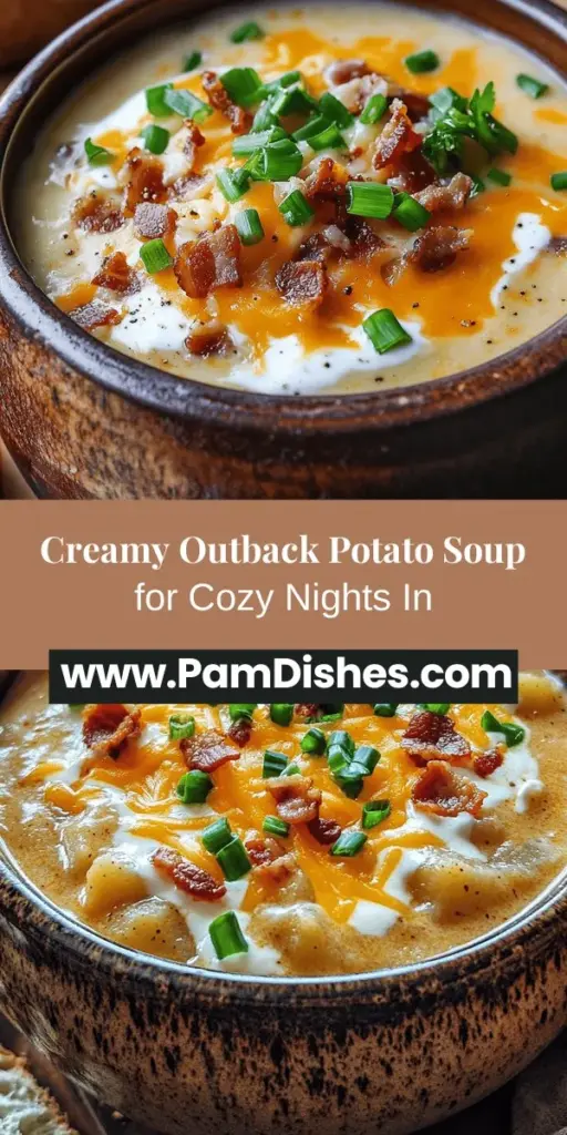 Discover the ultimate comfort food with this creamy Outback potato soup recipe! Rich in flavor and easy to make, it combines tender russet potatoes, crispy bacon, and savory spices for a heartwarming dish perfect for chilly evenings. This flexible recipe allows you to customize your soup with seasonal veggies and diverse toppings. Whether enjoyed solo or shared with friends, this hearty soup is sure to become a staple in your kitchen!
