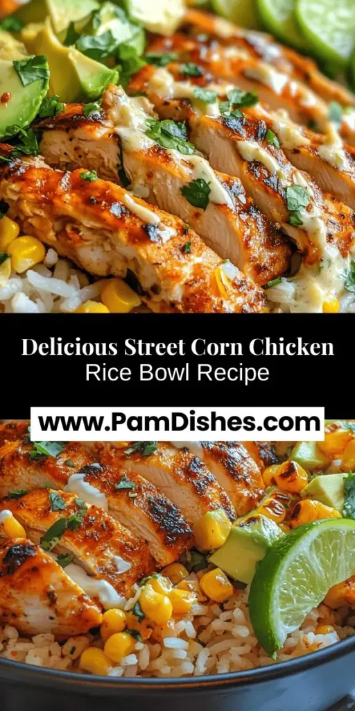 Experience a burst of flavors with the Flavor-Packed Street Corn Chicken Rice Bowl! This dish combines juicy chicken thighs, sweet sautéed corn, and aromatic jasmine rice, topped with creamy lime sauce for a delightful finish. Perfect for a quick weeknight dinner or meal prep, it's both nutritious and customizable to suit your tastes. Embrace the essence of vibrant street food and bring the lively spirit of outdoor markets into your kitchen with this delicious, colorful rice bowl.