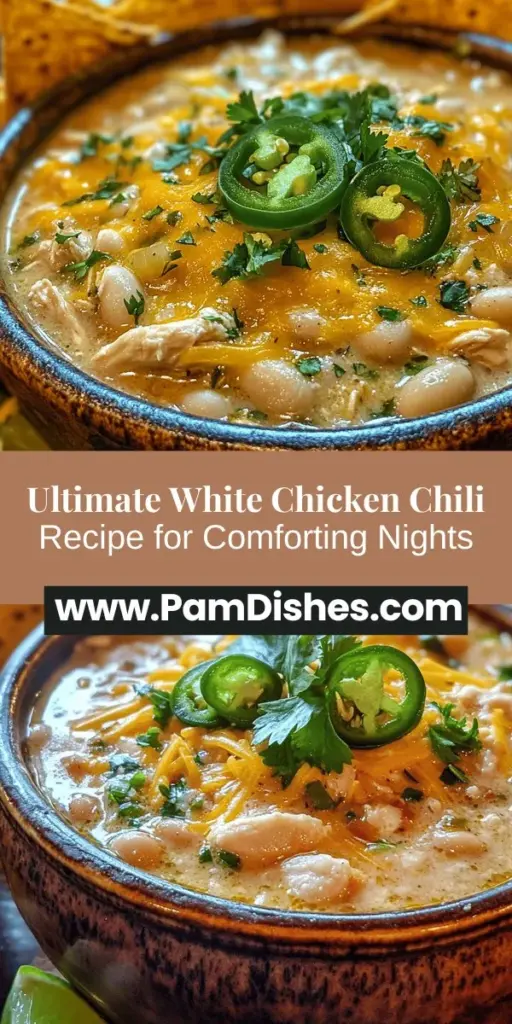 Discover the ultimate comfort food with White Chicken Chili Bliss! This creamy, flavor-packed dish combines tender chicken, white beans, and green chiles, making it perfect for chilly days or gatherings. Learn about its rich history, step-by-step preparation, and nutritional benefits. Customize it to your taste and enjoy a warm bowl that’s sure to impress family and friends. Get ready to indulge in a dish that's nourishing and delicious! #WhiteChickenChili #ComfortFood #RecipeInspiration #HealthyEating #FoodieFaves