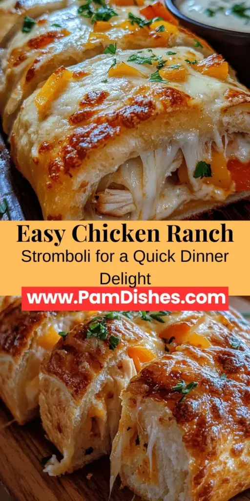 Discover the delightful Chicken Ranch Stromboli, a tasty spin on a classic dish that everyone will love! This easy recipe combines tender shredded chicken, creamy ranch dressing, and gooey cheese, all wrapped in golden pizza dough. Perfect for family dinners or game day, this stromboli is sure to impress your guests. Try customizing it with your favorite veggies and spices for a personal touch! #ChickenRanchStromboli #EasyRecipes #FamilyDinner #CookingAtHome #FoodieFun #PizzaLovers
