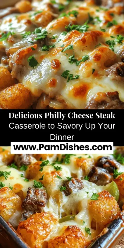 Discover the ultimate comfort food with this Philly Cheese Steak Casserole Delight! A flavorful twist on the classic sandwich, it combines tender steak, melted cheese, and sautéed veggies over a crispy layer of tater tots. Perfect for busy weeknights or family gatherings, this dish is easy to make and sure to impress. Get ready to savor the rich flavors and satisfying textures that will please everyone at the table! #Casserole #PhillyCheeseSteak #ComfortFood #DinnerIdeas #FamilyMeals