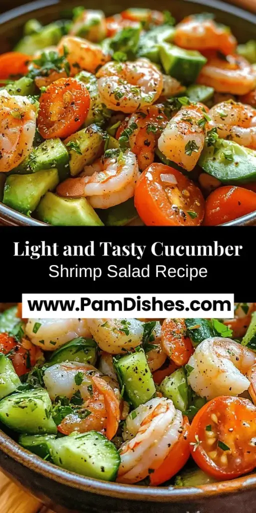 Looking for a light and healthy dish that bursts with flavor? Try this Refreshing Cucumber Shrimp Salad! It’s a delightful blend of succulent shrimp, crisp cucumbers, juicy cherry tomatoes, and creamy avocado, all tossed in a zesty dressing. Packed with protein, hydration, and essential nutrients, this vibrant salad is perfect for summer picnics, light lunches, or dinner parties. Enjoy the freshness and nutrition in every bite while impressing your guests!