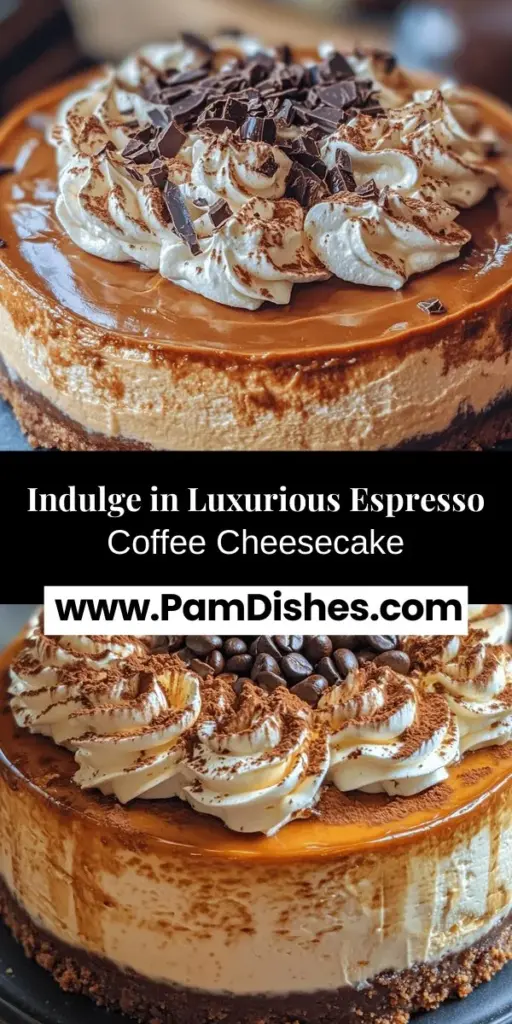 Indulge in the rich flavors of Espresso Coffee Cheesecake, the perfect dessert for coffee lovers! This luxurious cheesecake combines creamy texture with the bold taste of brewed espresso, creating a delightful treat that's sure to impress. With a buttery graham cracker crust, a luscious cream cheese filling, and topped with whipped cream and dark chocolate shavings, each bite is a gourmet experience. Perfect for special occasions or a sweet treat at home! #Cheesecake #Espresso #Dessert #CoffeeLovers #Baking #HomemadeDelights