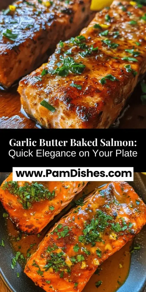 Elevate your dinner game with this Garlic Butter Baked Salmon recipe! Perfectly flaky salmon fillets are drenched in a rich garlic butter sauce that is both simple and sophisticated. Packed with omega-3 fatty acids and high-quality protein, this dish is not only delicious but also healthy. Whether it's a busy weeknight or a dinner party, this recipe fits any occasion. Discover the ease and flavor today! #SalmonRecipe #HealthyEating #DinnerIdeas #HomeCooking #EasyRecipes