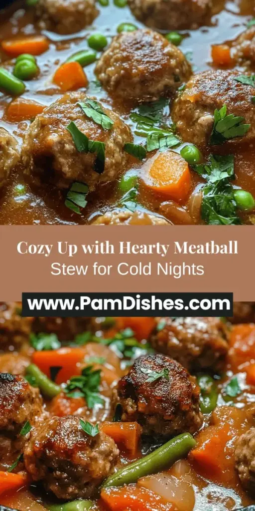 Warm up your chilly evenings with a delicious bowl of Hearty Meatball Stew! This comforting dish features flavorful meatballs simmered in a rich broth with vibrant vegetables. Perfect for family gatherings or a cozy night in, this stew combines nutrition and satisfaction in every bite. Discover step-by-step instructions to create this ultimate comfort food and enjoy the warmth it brings to your home. #MeatballStew #ComfortFood #CozyNights #HomemadeCooking #HealthyEating #FamilyMeals #DeliciousRecipes
