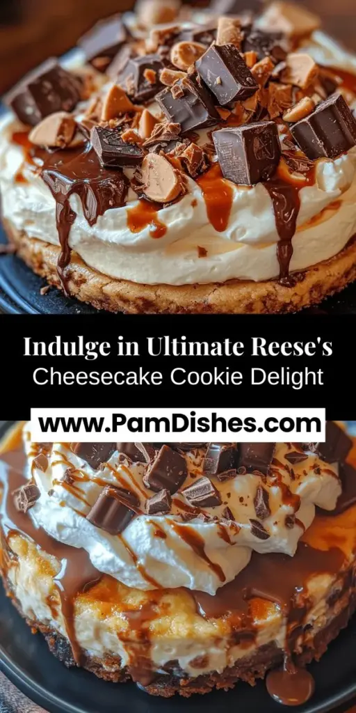 Indulge in the Ultimate Reese’s Cheesecake Cookie Delight, where creamy cheesecake meets a chewy cookie base, all infused with the iconic taste of Reese’s Peanut Butter Cups. This delicious dessert is perfect for any occasion, featuring a rich cookie layer topped with a smooth cheesecake and finished with whipped cream and Reese's pieces. Impress your guests with this visually stunning treat that combines comforting flavors and textures for a truly heavenly experience. Create a memorable dessert that your friends and family will love!