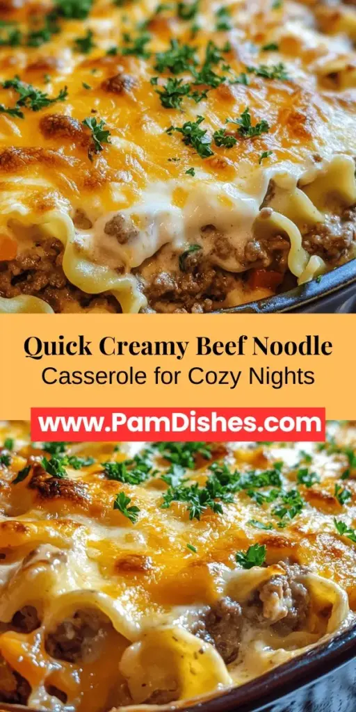 Experience the warmth of home cooking with this Quick and Easy Creamy Beef Noodle Casserole. Perfect for busy weeknights, this dish combines egg noodles, ground beef, and a creamy mixture of mushroom soup and sour cream for a hearty meal. Loaded with mixed vegetables and topped with melted cheddar cheese, it's a comfort food that the whole family will love. Simple to prepare, it can be made ahead for those hectic evenings.