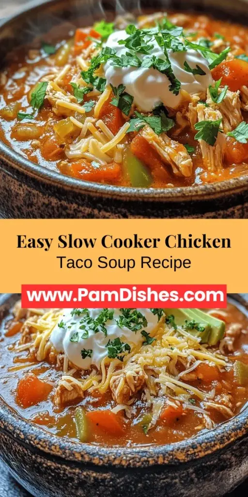 Looking for a comforting meal that's easy to prepare? Try Taco Delight: Slow Cooker Chicken Taco Soup! This delightful recipe combines tender chicken, black beans, corn, and spices, creating a rich and flavorful soup perfect for chilly evenings or casual gatherings. With minimal prep time, you can set it and forget it, making it the ideal choice for busy families. Customize with your favorite toppings for a delicious twist! #SlowCooker #TacoSoup #ComfortFood #EasyRecipes #MealPrep #HealthyEating #FamilyDinner