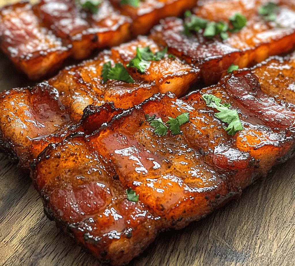 In the world of breakfast indulgences, few things can compete with the irresistible allure of crispy bacon. This beloved breakfast staple has a dedicated fan base, and for good reason. Bacon not only offers a satisfying crunch but also a rich, savory flavor that can elevate any dish. But what if we told you that there's a way to take your bacon experience to the next level? Enter <strong>Smoky Chipotle Honey Glazed Bacon</strong>.” /></p>
</p>
<p>Preheating your oven is a critical step in cooking, especially when it comes to achieving that perfect crispy bacon. By preheating, you ensure that the bacon begins cooking immediately when placed in the oven, allowing for even cooking and optimal texture. The heat helps to render the fat more effectively, resulting in a crispier finish. For this recipe, you will want to preheat your oven to 375°F (190°C)—an ideal temperature for both cooking the bacon to a crisp and allowing the Smoky Chipotle Honey Glaze to caramelize beautifully.</p>
</p>
<h3>Optimal Oven Settings for Achieving Crispy Bacon</h3>
</p>
<p>When preparing your Smoky Chipotle Honey Glazed Bacon, setting your oven correctly is essential. The 375°F setting strikes a balance, allowing the bacon to cook through while also allowing the sugar in the glaze to caramelize without burning. If you prefer a more intense crisp, you can finish the cooking process by broiling the bacon for the last few minutes, but be sure to watch it closely to prevent any burning.</p>
</p>
<h3>Creating the Smoky Chipotle Honey Glaze</h3>
</p>
<p>Now, let’s dive into creating that irresistible Smoky Chipotle Honey Glaze that will elevate your bacon to new heights. The glaze is a harmonious blend of sweetness, smokiness, and a touch of heat that perfectly complements the savory flavor of the bacon.</p>
</p>
<p><strong>Ingredients for the Glaze:</strong></p>
<p>– ½ cup honey</p>
<p>– 2 tablespoons chipotle peppers in adobo sauce, finely chopped</p>
<p>– 1 teaspoon smoked paprika</p>
<p>– 1 tablespoon apple cider vinegar</p>
<p>– A pinch of salt and black pepper</p>
</p>
<p><strong>Instructions for Mixing the Ingredients:</strong></p>
<p>1. In a medium-sized mixing bowl, combine the honey and finely chopped chipotle peppers. The chipotle peppers add a smoky depth that is crucial to the glaze.</p>
<p>2. Add the smoked paprika, apple cider vinegar, salt, and black pepper to the bowl. The vinegar provides acidity that balances the sweetness of the honey.</p>
<p>3. Using a whisk, blend the ingredients together until the mixture is smooth and well combined. The whisking process is important; it ensures that the flavors meld together, creating a cohesive glaze that evenly coats the bacon.</p>
</p>
<h3>Arranging and Glazing the Bacon</h3>
</p>
<p>Once your glaze is prepared, it’s time to lay out the bacon on a baking sheet for optimal cooking.</p>
</p>
<p><strong>Techniques for Laying Out Bacon:</strong></p>
<p>– Use a rimmed baking sheet lined with parchment paper or aluminum foil for easy cleanup. The rim helps to catch any drippings that may escape.</p>
<p>– Lay the bacon strips side by side without overlapping. This ensures that each strip cooks evenly and crisps up beautifully without steaming against each other.</p>
</p>
<p><strong>Tips for Applying the Glaze:</strong></p>
<p>1. Using a brush, apply a generous layer of the Smoky Chipotle Honey Glaze over each strip of bacon. Start from one end and work your way to the other, ensuring even coverage.</p>
<p>2. For maximum flavor depth, allow some glaze to pool between the bacon strips—this will caramelize during cooking and create a heavenly crispy layer.</p>
<p>3. Reserve some glaze for basting later in the cooking process to enhance the flavor even more.</p>
</p>
<h3>Baking the Bacon to Perfection</h3>
</p>
<p>With everything arranged and glazed, it’s time for the bacon to hit the oven.</p>
</p>
<p><strong>Timing Considerations:</strong></p>
<p>– Bake the bacon in your preheated oven for about 15 to 20 minutes. The exact time will depend on the thickness of your bacon and your desired crispiness. The bacon should start to bubble and caramelize beautifully.</p>
</p>
<p><strong>Monitoring the Cooking Process:</strong></p>
<p>– Keep a close eye on the bacon as it cooks, especially in the last few minutes. Ovens can vary in temperature, and you want to avoid burning the glaze. If you notice the edges browning too quickly, you can reduce the temperature slightly.</p>
</p>
<h3>Basting for Extra Flavor</h3>
</p>
<p>Basting the bacon not only enhances its flavor but also helps to create a glossy finish that is visually appealing.</p>
</p>
<p><strong>Significance of Basting:</strong></p>
<p>– After baking for about 10 minutes, use a basting brush to apply the reserved glaze over the bacon. This will keep the bacon moist and flavorful throughout the cooking process.</p>
</p>
<p><strong>How to Properly Apply the Remaining Glaze:</strong></p>
<p>1. Carefully remove the baking sheet from the oven, and using a brush, lightly coat the bacon with the remaining glaze.</p>
<p>2. Return the bacon to the oven for the final 5-10 minutes of cooking. This step is crucial for achieving that sticky, caramelized finish that everyone loves.</p>
</p>
<h3>Serving Suggestions and Pairings</h3>
</p>
<p>Once your Smoky Chipotle Honey Glazed Bacon is out of the oven and cooled slightly, the fun begins with serving and enjoying this delectable dish.</p>
</p>
<h4>Creative Ways to Enjoy Smoky Chipotle Honey Glazed Bacon</h4>
</p>
<p><strong>Breakfast Ideas:</strong></p>
<p>– Serve the bacon alongside scrambled eggs and toast for a delicious breakfast combo. The sweetness of the bacon pairs beautifully with the savory eggs, creating a well-rounded meal.</p>
<p>– Consider making a breakfast sandwich with a fried egg, avocado, and crispy bacon on a toasted English muffin. The combination of flavors and textures will surely satisfy.</p>
</p>
<p><strong>Unique Serving Suggestions:</strong></p>
<p>– Add the Smoky Chipotle Honey Glazed Bacon to a classic BLT sandwich for an elevated twist. The bacon’s flavor will enhance the fresh tomatoes and crisp lettuce beautifully.</p>
<p>– Crumble the bacon over a mixed greens salad with a citrus vinaigrette for a delightful contrast of flavors. The sweetness of the bacon complements the acidity of the dressing, creating a well-balanced dish.</p>
</p>
<p><strong>Pairing Beverages:</strong></p>
<p>– To complement your bacon, consider serving it with a refreshing iced tea or a cold brew coffee. The lightness of these beverages balances the richness of the bacon.</p>
<p>– For something stronger, a bourbon-based cocktail can be a perfect match, as the smoky notes in the bourbon will harmonize beautifully with the bacon’s flavor profile.</p>
</p>
<h3>Garnishing for Aesthetic Appeal</h3>
</p>
<p>Presentation plays an important role in making your Smoky Chipotle Honey Glazed Bacon as tempting as it tastes.</p>
</p>
<p><strong>The Role of Fresh Cilantro:</strong></p>
<p>– Chopping fresh cilantro and sprinkling it over the bacon before serving adds a burst of color and freshness. The herb’s bright flavor contrasts nicely with the smoky and spicy notes of the bacon.</p>
</p>
<p><strong>Other Potential Garnishes:</strong></p>
<p>– Consider adding a sprinkle of sesame seeds or finely chopped green onions for crunch and additional flavor. These garnishes not only enhance the visual appeal but also add interesting textural elements.</p>
</p>
<h3>Conclusion</h3>
</p>
<p>In conclusion, Smoky Chipotle Honey Glazed Bacon is not just a dish; it’s an experience that tantalizes the taste buds with its perfect blend of sweet, smoky, and spicy flavors. With straightforward steps and accessible ingredients, anyone can create this mouthwatering bacon at home. Whether you enjoy it on its own, as part of a hearty breakfast, or as a flavorful addition to other meals, this recipe is bound to become a favorite. Embrace the joy of cooking and indulge in the deliciousness that is Smoky Chipotle Honey Glazed Bacon.</p>
</div>