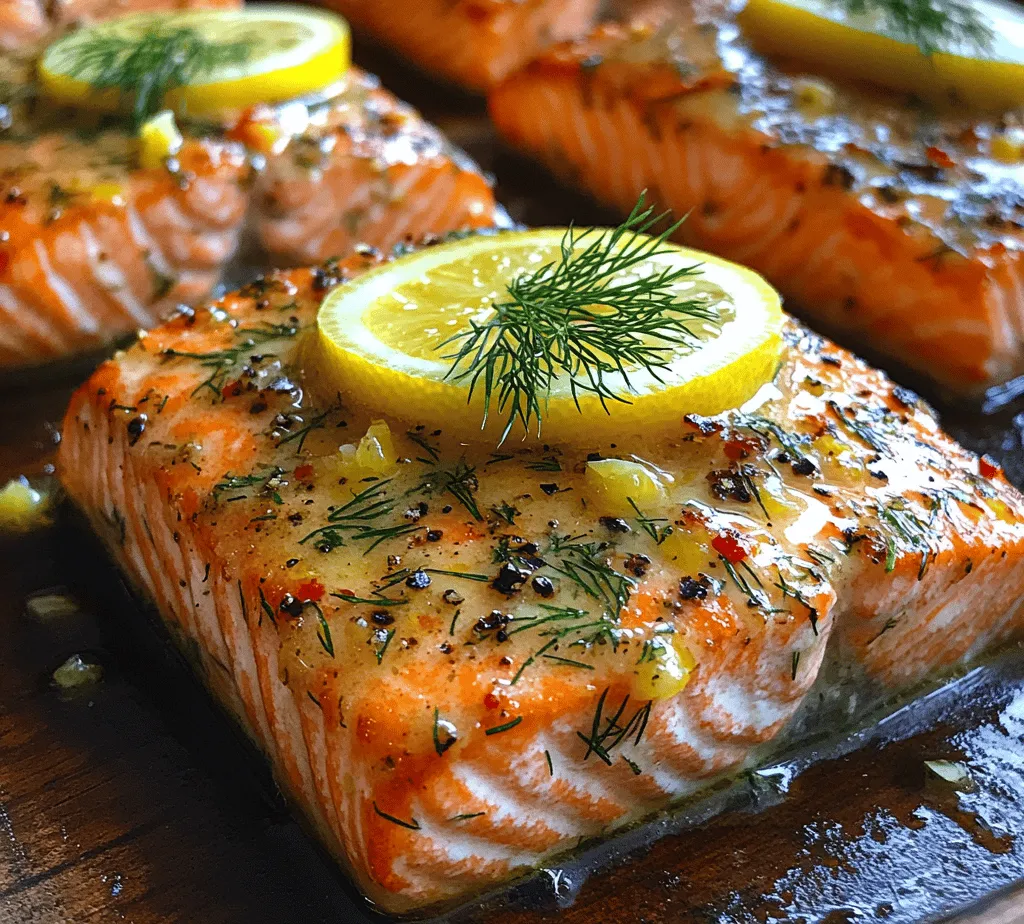 Welcome to the world of culinary delights where simplicity meets elegance, and health takes center stage. Today, we will explore the exquisite <strong>Buttery Lemon Dill Salmon</strong>, a dish that is as appealing to the eyes as it is to the palate. This recipe marries the rich, buttery flavor of salmon with the zesty freshness of lemon and the aromatic sweetness of dill, creating a delightful combination that is perfect for any occasion.” /></p>
</p>
<h3>Baking Process for Buttery Lemon Dill Salmon</h3>
</p>
<p>Baking salmon is an excellent method that helps retain its moisture while enhancing its natural flavors. For the Buttery Lemon Dill Salmon, preheat your oven to 375°F (190°C). This temperature is ideal to cook the salmon evenly while allowing the butter and lemon to infuse their flavors into the fish.</p>
</p>
<p>Once the oven is preheated, place your seasoned salmon fillets on a lined baking sheet or in a baking dish. Drizzle the melted butter and lemon juice over the fillets, ensuring they’re evenly coated. For an added touch, you can also pour a bit of the butter mixture around the salmon in the dish to keep the fish succulent throughout the cooking process.</p>
</p>
<h3>Ideal Temperature and Cooking Time</h3>
</p>
<p>Cooking salmon at 375°F typically takes about 15-20 minutes, depending on the thickness of your fillets. A general rule of thumb is to cook salmon for about 4-6 minutes per half-inch of thickness. Therefore, thinner fillets will require less time, while thicker ones might need a few extra minutes.</p>
</p>
<p>Using a food thermometer can help you achieve the perfect doneness. The FDA recommends an internal temperature of 145°F (63°C) for cooked fish. However, many chefs prefer to take it out of the oven at around 125°F to 130°F, allowing it to continue cooking slightly as it rests.</p>
</p>
<h3>Signs of Perfectly Cooked Salmon</h3>
</p>
<p>One of the best indicators of perfectly cooked salmon is its ability to flake easily with a fork. When you gently press the fillet, the flesh should separate into flakes. Additionally, look for an opaque color throughout; the salmon should transition from a translucent pink to a firm, opaque hue. If you notice any raw, shiny sections, it may need a few more minutes in the oven.</p>
</p>
<h3>Variations Based on Fillet Thickness</h3>
</p>
<p>When dealing with salmon fillets of varying thicknesses, it’s essential to adjust your cooking time accordingly. For instance, if you have a particularly thick piece, consider increasing the cooking time by several minutes. Conversely, thinner fillets may be ready to serve in as little as 12 minutes. To ensure even cooking, you can also opt to cut thicker fillets in half, creating more uniform pieces that will cook at the same rate.</p>
</p>
<h3>Garnishing for Presentation</h3>
</p>
<p>Garnishing plays a crucial role in enhancing the visual appeal of your dish, making it more inviting and appetizing. For Buttery Lemon Dill Salmon, consider garnishing with fresh dill sprigs, which not only add a pop of color but also reinforce the flavor profile of the dish. Slices of lemon can be arranged around the salmon, adding brightness and a hint of freshness. A sprinkle of freshly chopped parsley can elevate the presentation further, providing a lively contrast to the buttery salmon.</p>
</p>
<h4>Ideas for Side Dishes</h4>
</p>
<p>To create a well-rounded meal, pair your salmon with side dishes that complement its flavors. Roasted vegetables, such as asparagus, zucchini, or broccoli, can bring a delightful crunch and color to your plate. A simple garden salad with mixed greens, cherry tomatoes, and a light vinaigrette can add freshness and balance. For a heartier option, consider serving your salmon with quinoa or brown rice, both of which provide a nutty flavor and are excellent sources of whole grains.</p>
</p>
<h3>Nutritional Benefits of Buttery Lemon Dill Salmon</h3>
</p>
<p>Not only is Buttery Lemon Dill Salmon delicious, but it is also packed with nutritional benefits. A typical serving of salmon (approximately 3-4 ounces) contains about 22 grams of protein, making it an excellent choice for muscle growth and repair. It’s also rich in omega-3 fatty acids, which are known for their heart-healthy properties. Regular consumption of salmon can lead to improved cardiovascular health, reduced inflammation, and better brain function.</p>
</p>
<p>The accompanying ingredients also add to the nutritional profile of the dish. Lemon juice is packed with vitamin C, an antioxidant that boosts the immune system and promotes healthy skin. Dill, on the other hand, not only enhances the flavor but also boasts anti-inflammatory properties and aids in digestion. Together, these components make for a wholesome meal that delights the palate while nourishing the body.</p>
</p>
<h3>Versatility of the Recipe</h3>
</p>
<p>One of the most appealing aspects of Buttery Lemon Dill Salmon is its versatility. This recipe can easily be adapted for different occasions, whether it’s a weeknight dinner or a special gathering. You can switch up the herbs to suit your taste or what you have on hand. For instance, substituting dill with thyme or basil can create a different flavor profile while maintaining the dish’s essence.</p>
</p>
<p>Additionally, this recipe pairs beautifully with various sides depending on dietary preferences. For a gluten-free option, serve the salmon over a bed of quinoa or alongside sweet potato mash. For a lighter meal, consider pairing it with a refreshing cucumber salad. The adaptability of this recipe makes it suitable for any occasion or dietary need.</p>
</p>
<h3>Storage and Reheating Tips</h3>
</p>
<p>If you find yourself with leftovers, storing them properly is key to preserving the flavor and moisture of the salmon. Allow the cooked salmon to cool completely before transferring it to an airtight container. It can be stored in the refrigerator for up to 3 days. For longer storage, consider freezing the salmon; it can last up to 3 months in the freezer.</p>
</p>
<p>When it comes to reheating, avoid using the microwave, as it can dry out the fish. Instead, place the salmon in a preheated oven at 300°F (150°C) for about 10 minutes. Alternatively, you can reheat it in a skillet over low heat, adding a splash of water or broth to maintain moisture. Cover the skillet with a lid to trap steam, ensuring the salmon remains tender and flavorful.</p>
</p>
<h3>Conclusion</h3>
</p>
<p>In summary, Buttery Lemon Dill Salmon is a simple yet elegant dish that brings together the rich flavors of salmon, the brightness of lemon, and the aromatic quality of dill. With straightforward preparation steps and a few tips for achieving the perfect cook, this recipe is accessible to both novice and experienced cooks alike.</p>
</p>
<p>The dish not only provides a delicious meal but also offers numerous health benefits, making it a great addition to your regular menu. We encourage you to try this recipe, experiment with the suggested variations, and enjoy the satisfaction of cooking with fresh, quality ingredients. Embrace the joy of homemade meals, and delight your family and friends with this scrumptious dish that is sure to impress.</p>
</div>