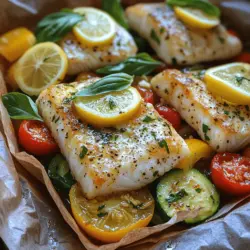 Zesty Lemon Basil Fish en Papillote is a vibrant and flavorful dish that captures the essence of fresh ingredients and simple cooking techniques. This method of preparing fish, known as "en papillote," involves wrapping the fish and accompanying ingredients in parchment paper, creating a sealed package that steams the contents to perfection. The result is a dish that is not only visually appealing but also bursting with flavor, making it a delightful addition to any meal.