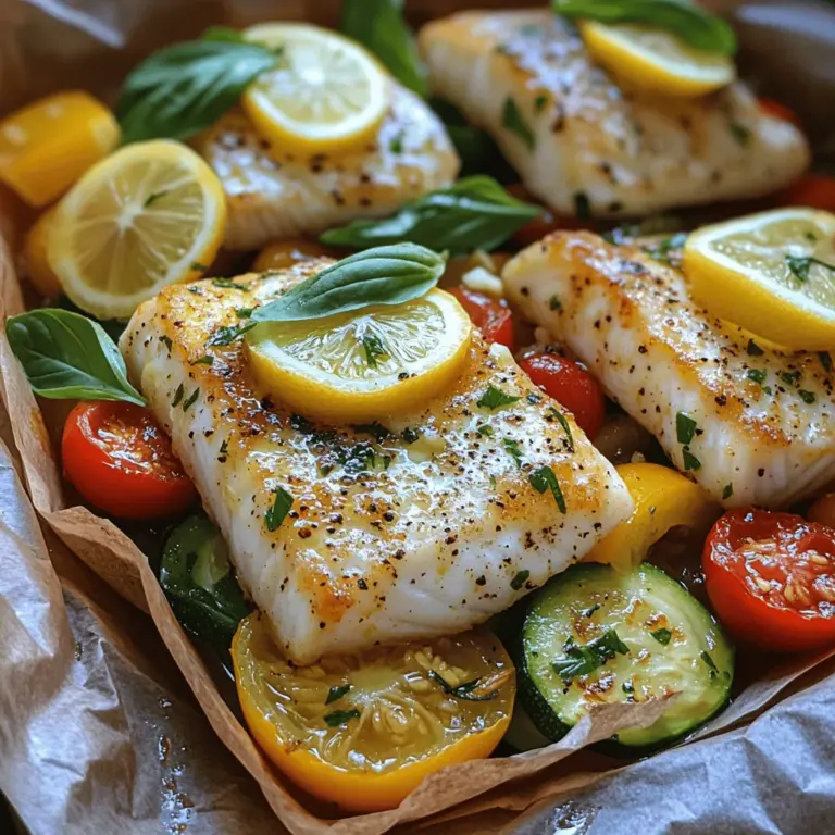 Zesty Lemon Basil Fish en Papillote is a vibrant and flavorful dish that captures the essence of fresh ingredients and simple cooking techniques. This method of preparing fish, known as "en papillote," involves wrapping the fish and accompanying ingredients in parchment paper, creating a sealed package that steams the contents to perfection. The result is a dish that is not only visually appealing but also bursting with flavor, making it a delightful addition to any meal.